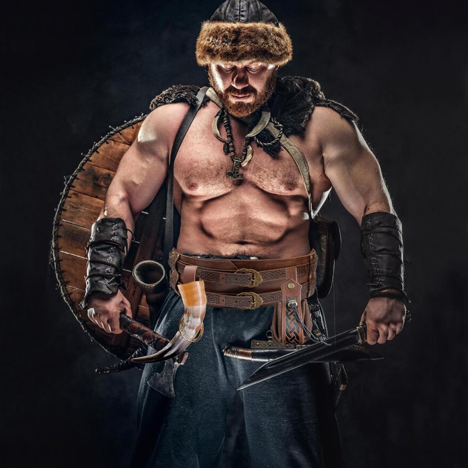 SUMGOGO Retro Waist Belt Medieval Viking Leather Waist Armor Knight Wide Corset Belt Renaissance Halloween Cosplay Costume (Pouch Brown) - Image 3