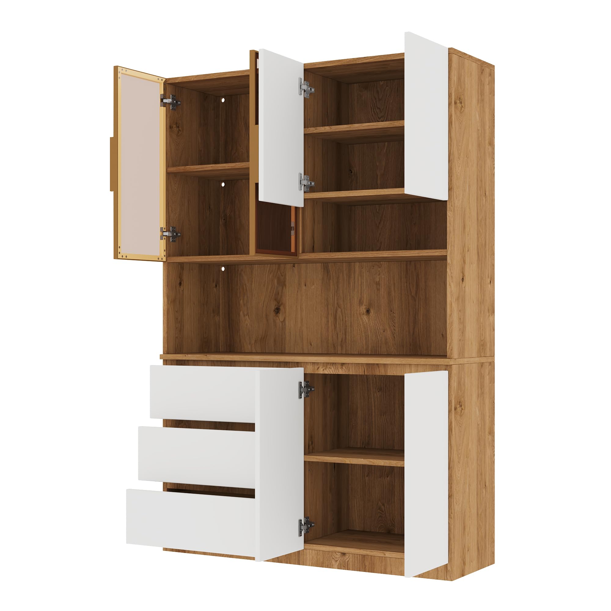 Armadi da cucina, vetrine da cucina con illuminazione a LED, armadi multifunzionali con 3 cassetti, 6 ante e ripiani per riporre stoviglie, forno a microonde. Dimensioni: 120,5 × 40 × 180 cm