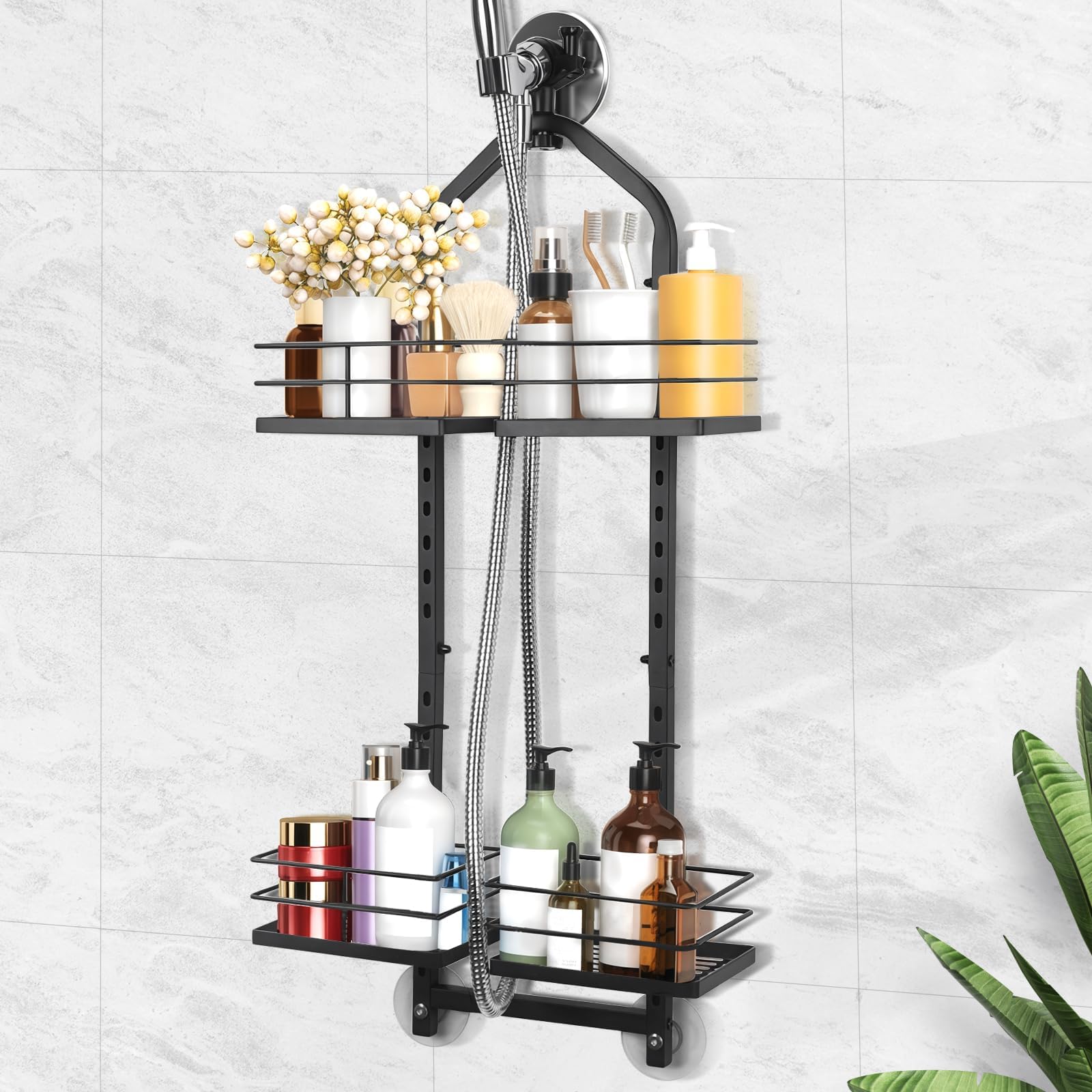 Shower Caddy Hanging for Handheld Showerheads Adjustable Hagging Shower Caddy, Stainless Steel Hose Hanging Shower Organizer 4 Levels Height Shower Rack（black