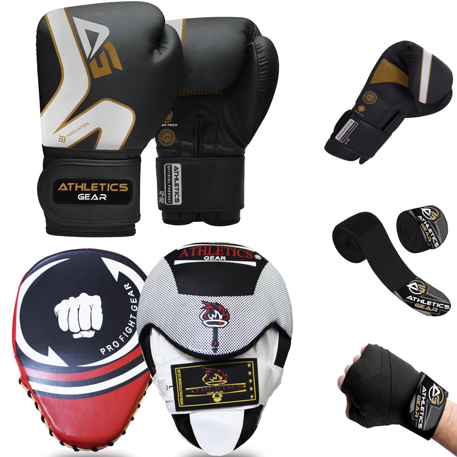 ATHLETIC GEARS SET โ A Pair of Boxing Gloves, Boxing Pads, & Hand Wraps (Gold, 10 oz) โ image 1