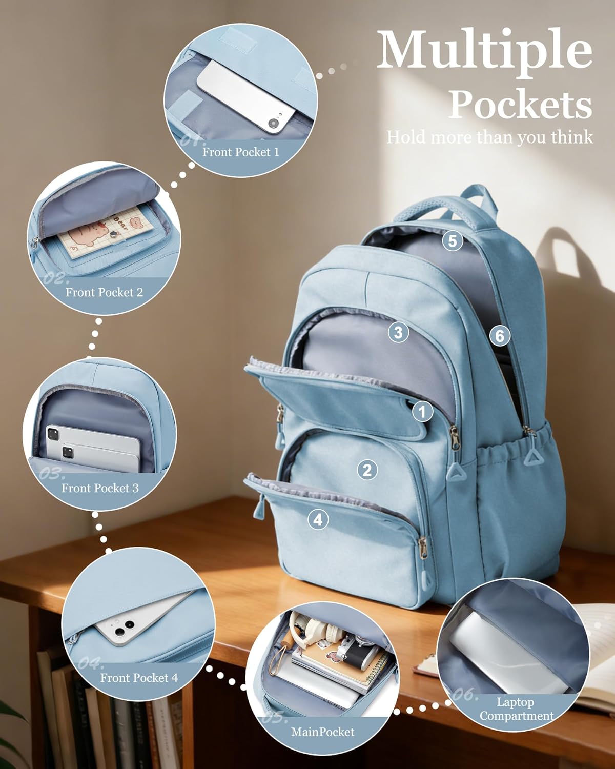 School Backpack for Women Men Cute Backpack for College Students Lightweight High School bag for Teens Girls Boys Waterproof Casual Daypacks Bookbag(Blue) - Image 3