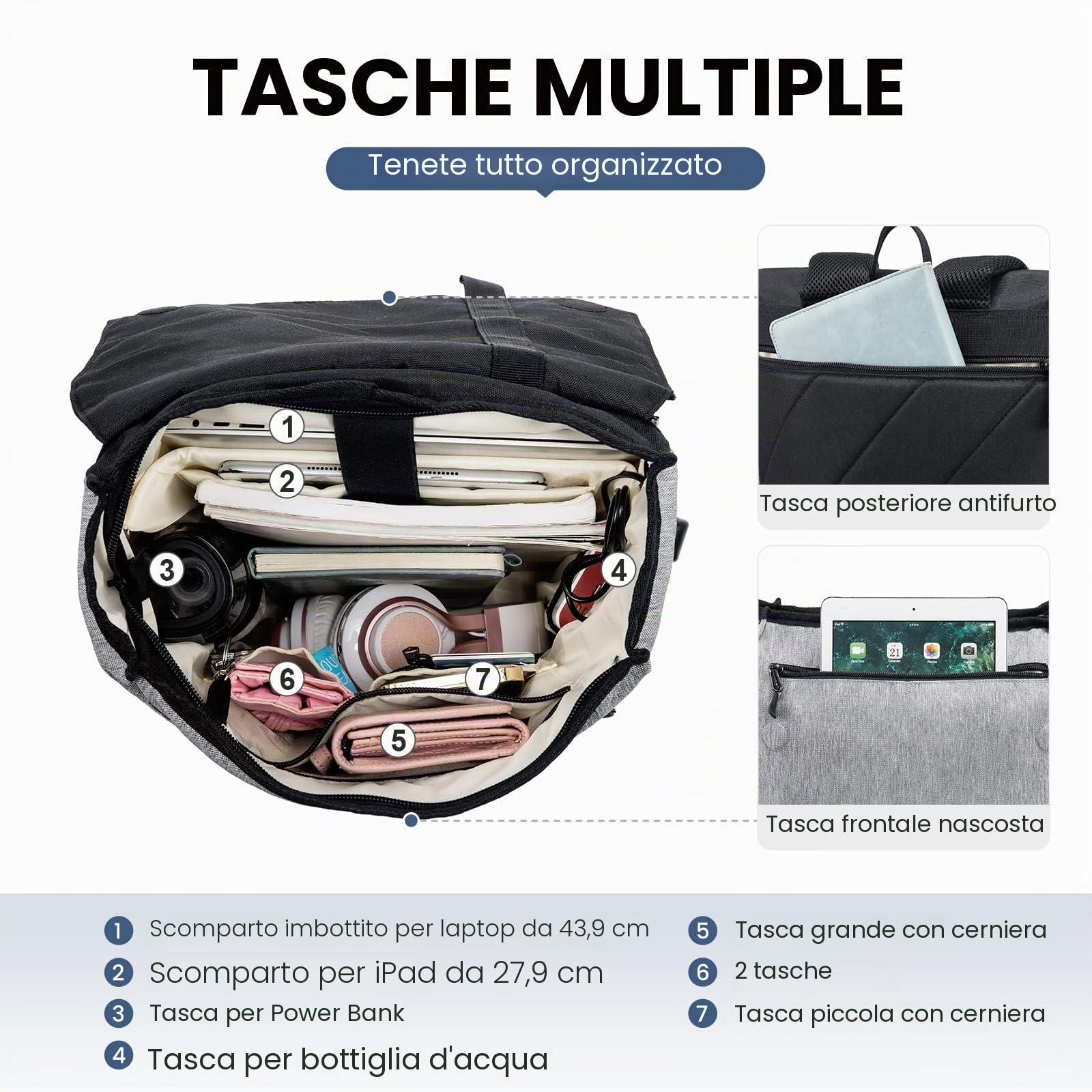 LOVEVOOK Zaino da donna elegante zaino impermeabile con scomparto per computer portatile da 17 pollici e custodia antifurto per gite, università, scuola e ufficio, grigio/nero