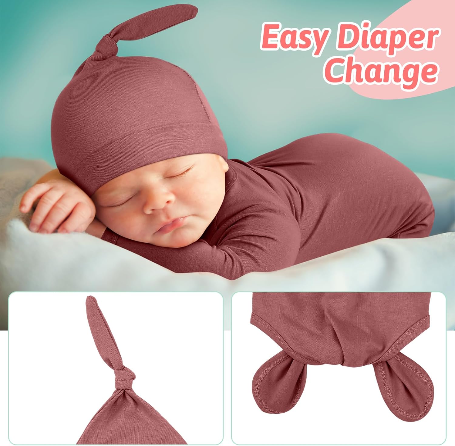 Cuffbow 6 Packs Newborn Baby Knotted Gowns Set 0-6 Months Cotton Sleeper Long Sleeve Nightgown and Hat Set for Infant Baby - Image 6