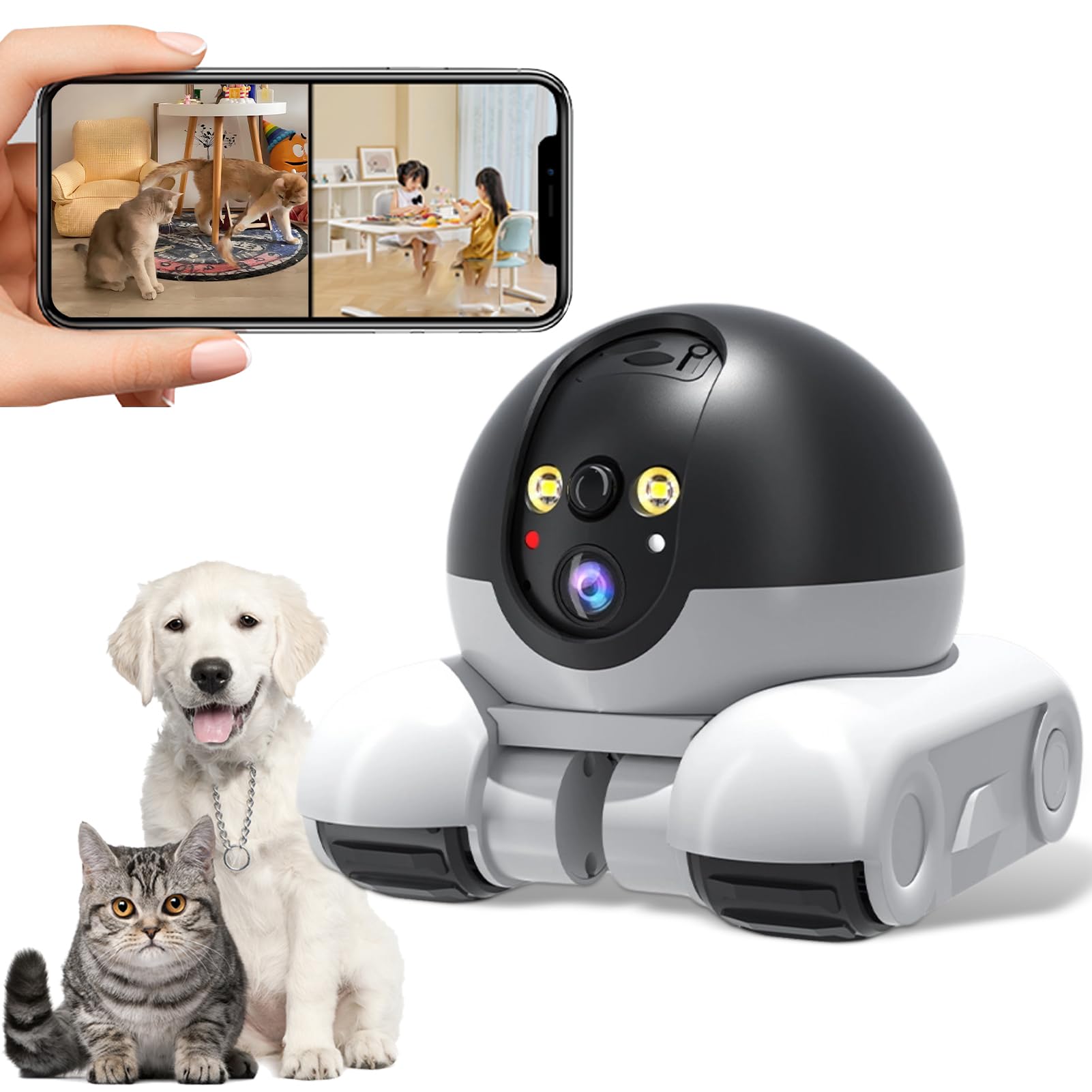 Elprico Robot de Caméra en Mouvement, Appareil Photo Robot à Double Objectif 1080p avec Roues, Télécommande D'application, Conversation Bidirectionnelle, Batterie 5200mAh