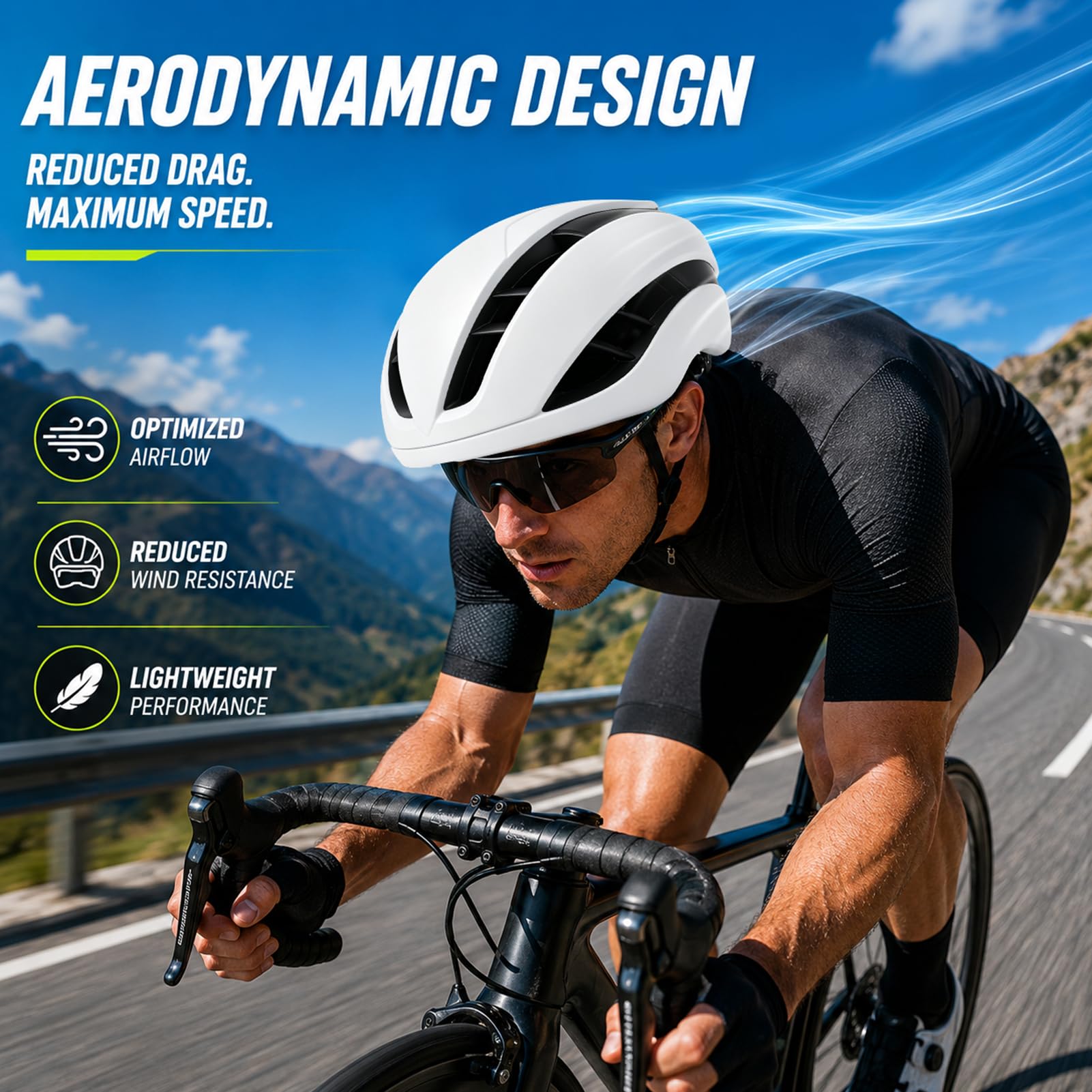 Rennradhelm Erwachsene Unisex Sportiver Fahrradhelm Einstellbarer 58-61cm Aerodynamisches Design mit Großen Belüftungsöffnungen für Damen und Herren, Matt Weiß, L