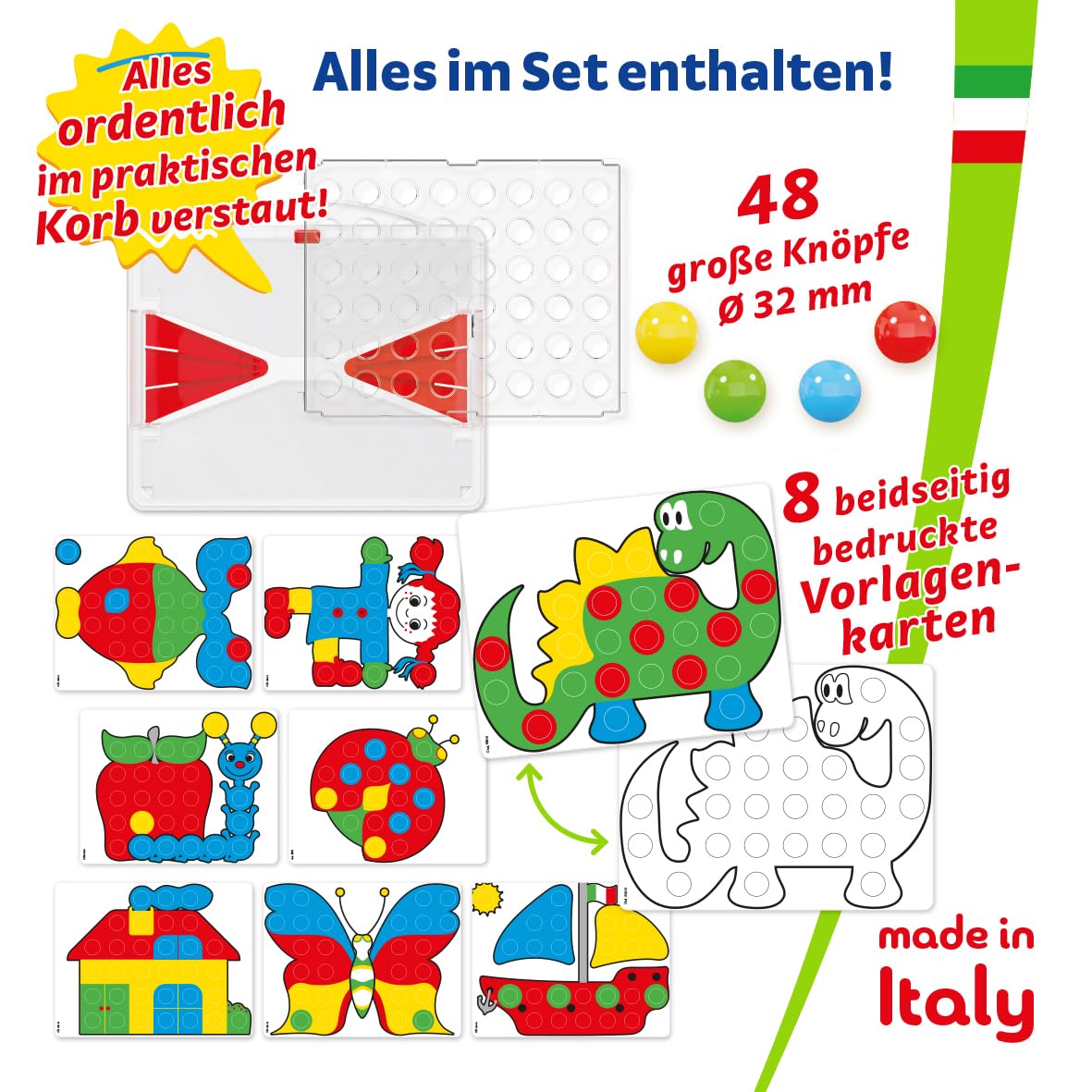Quercetti Fantacolor Junior 48, Montessori Spielzeug 2 Jahre, Mosaik Spiel mit Magnetspiel Funktion, Lernspiele Kinder, Reisespiele, Geschenk Mädchen