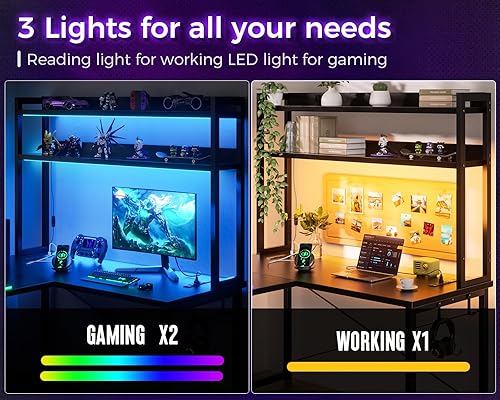 Miniatura 4 de AODK Escritorio para juegos en forma de L con gabinete, tomas de corriente, tira LED y soporte para monitor, escritorio reversible de 59 pulgadas