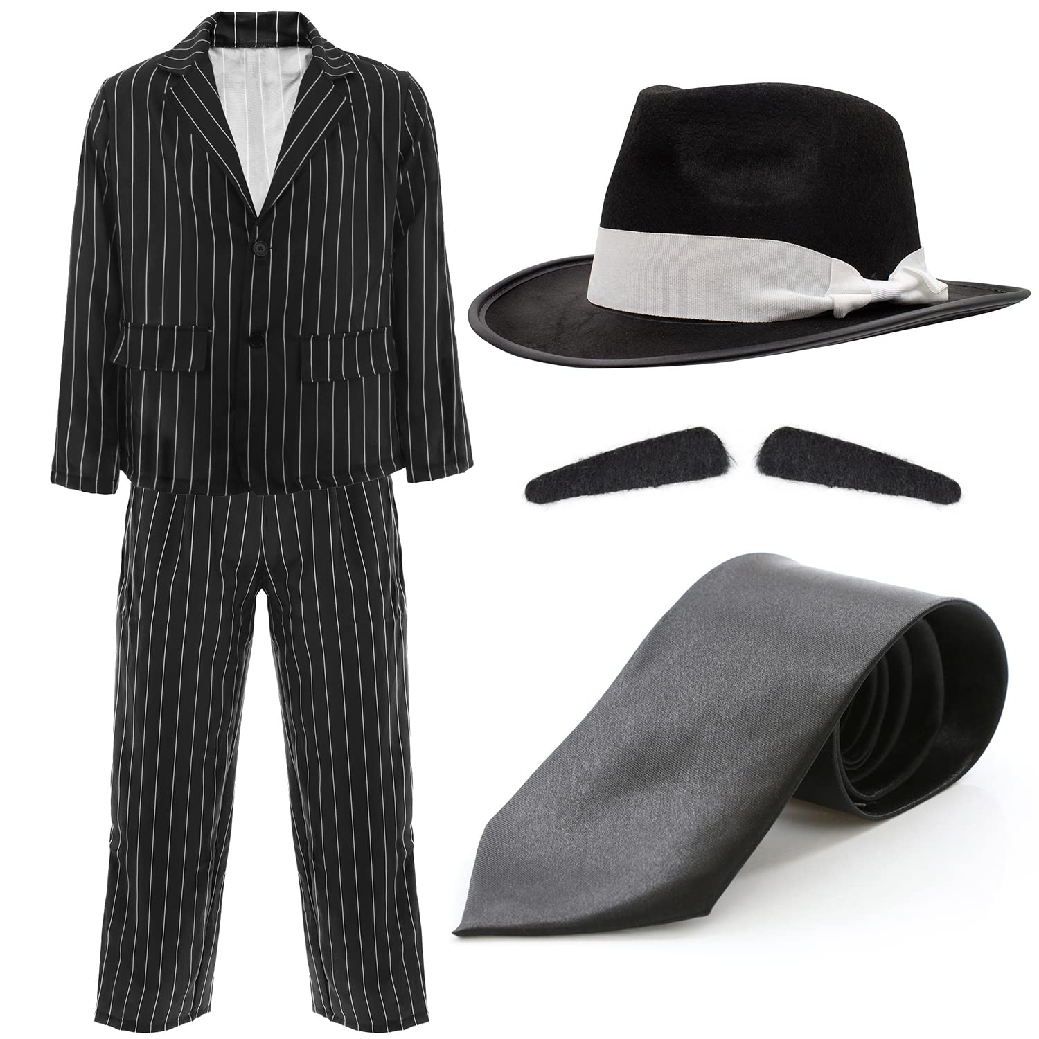Adults Gangster Costume – XX-Large - Black and White Gangster Pinstripe Suit Jacket, Pinstripe Suit Trousers, Black Fedora White Band, Black Tie – 1920's Film & TV Fancy Dress Costume