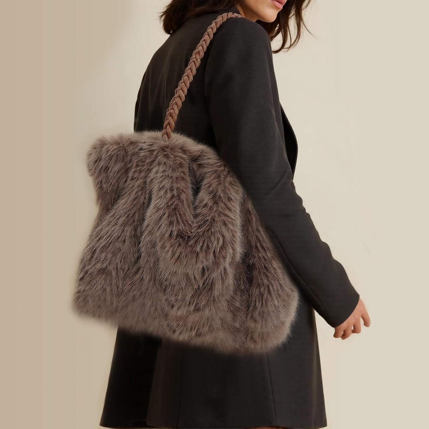 Emprier Fluffy Faux Fur Underarm Bags for Women Fuzzy Tote Handbag Plush Shoulder Purses