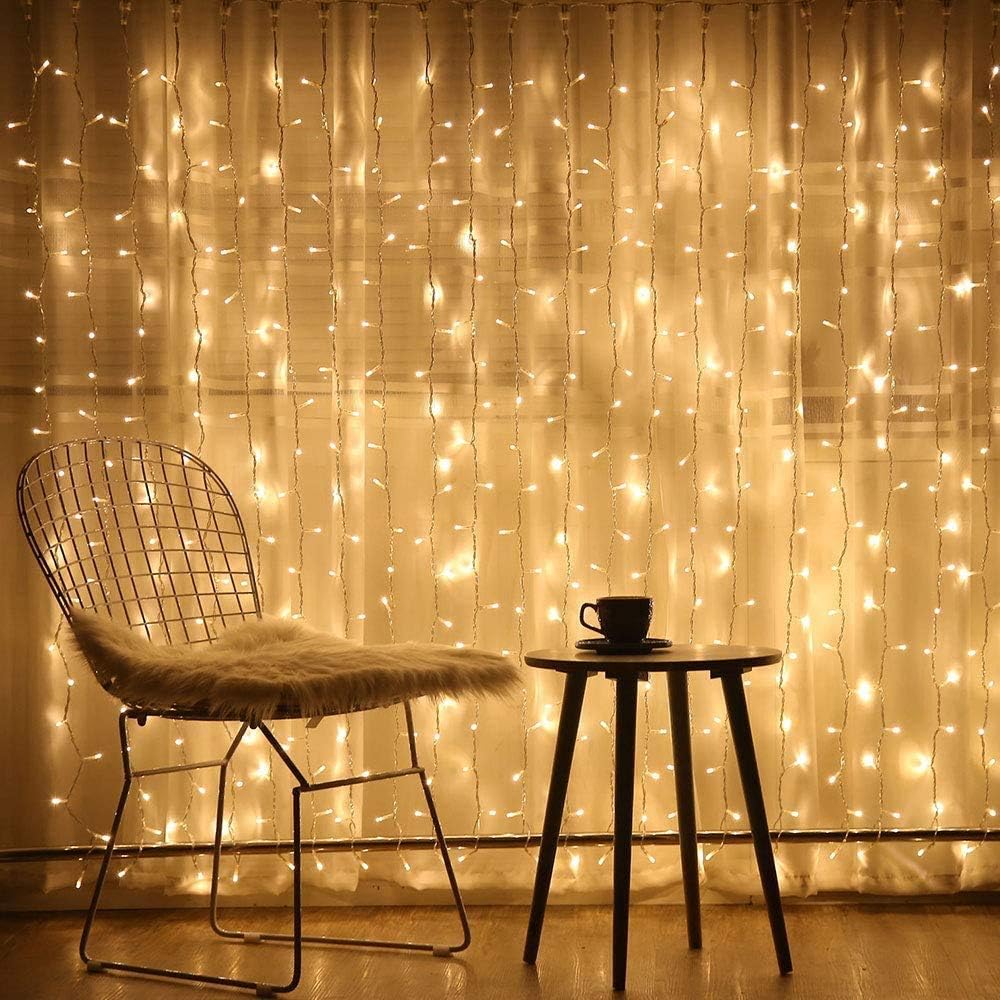 Window Curtain Lights, 600 Led 20 Feet Dimmable with Remote to Set 8 Lighting Modes and Timer, Fairy Led Lights for Bedroom Wall Wedding Decorate String Lights, Warm White, No Curtain,No Connectable