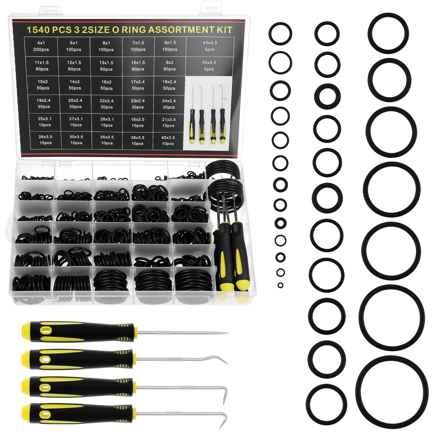 QWORK® 1540 Pièces Joints Toriques, 32 Tailles Joint Caoutchouc avec 4 Crochets pour Réparation Automobile, Plomberie & Hydraulique