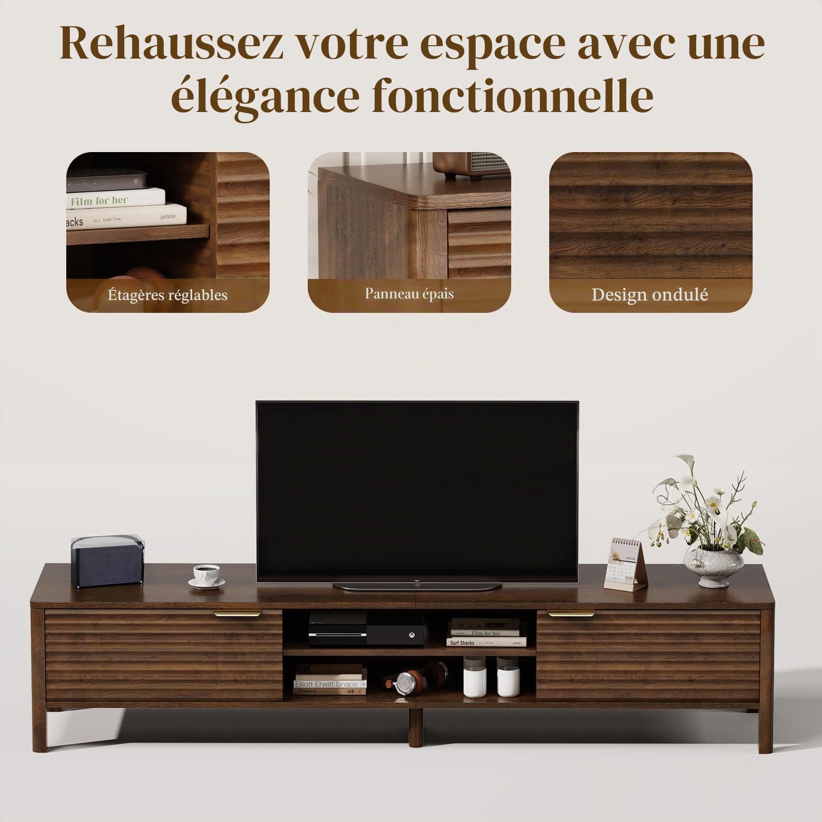 IKALIFE Meuble TV Bas Bois avec Rangement Marron 200 cm Longueur | Meuble TV avec 2 Portes, Meuble Tele pour Téléviseur jusqu'à 80 Pouces, Table TV Moderne, Meuble TV pour Salon et Chambre