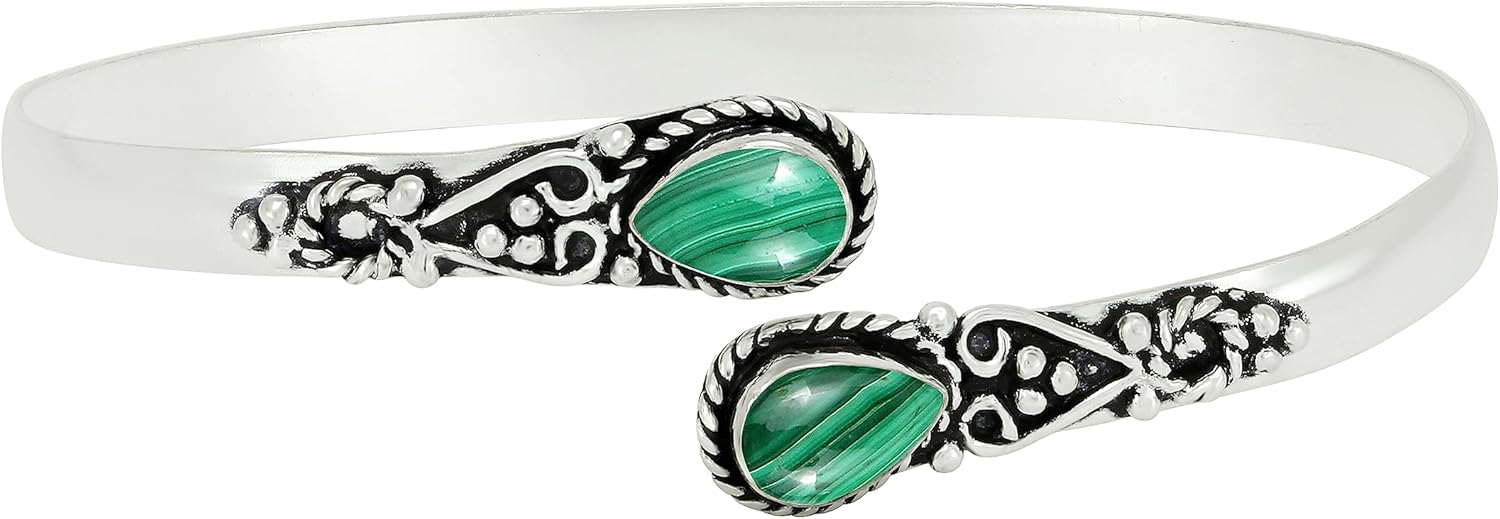 Pear Shape Natural Gemstones Bangle for Women - 925 Sterling Silver Plated Handmade Cuff Bracelet - Birthstone Adjustable Open Bangle Jewelry - Gift for Wedding Anniversaries Valentine's Day Christmas - Image 3