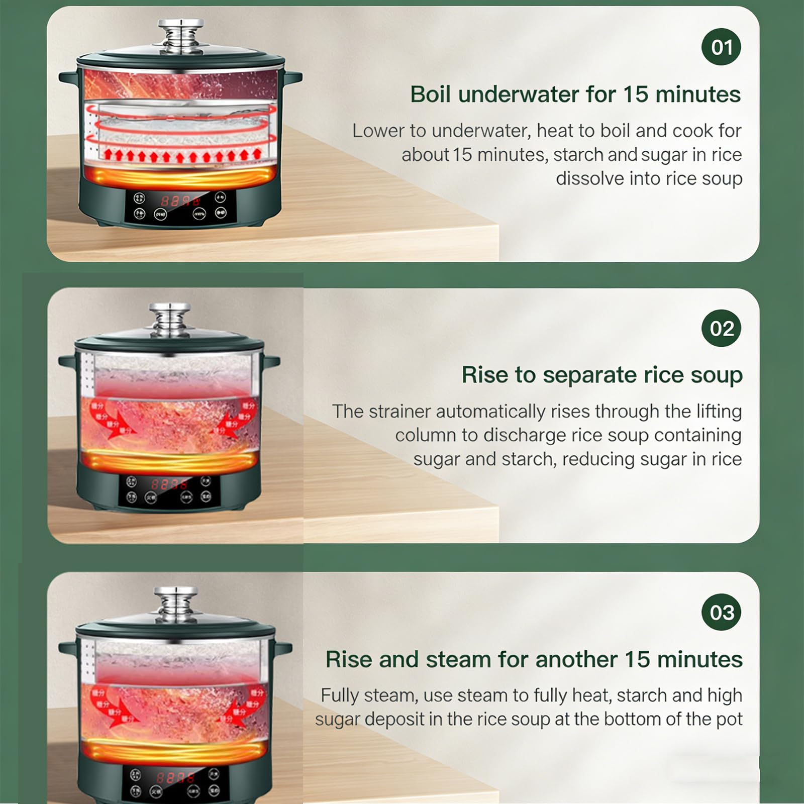 Cucina del Riso a Basso carboidrato (elevazione Auto), 3L 1500W Riscaldamento induzione, separazione Riso-Acqua (54% Meno amido), Timer 12H, Multifunzionale, Acciaio Inox 304