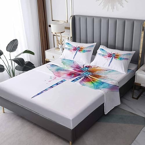 Sábanas de libélula tamaño California King, sábanas y fundas de almohada con patrón de arte en acuarela, bolsillo profundo de 14 pulgadas, juego de