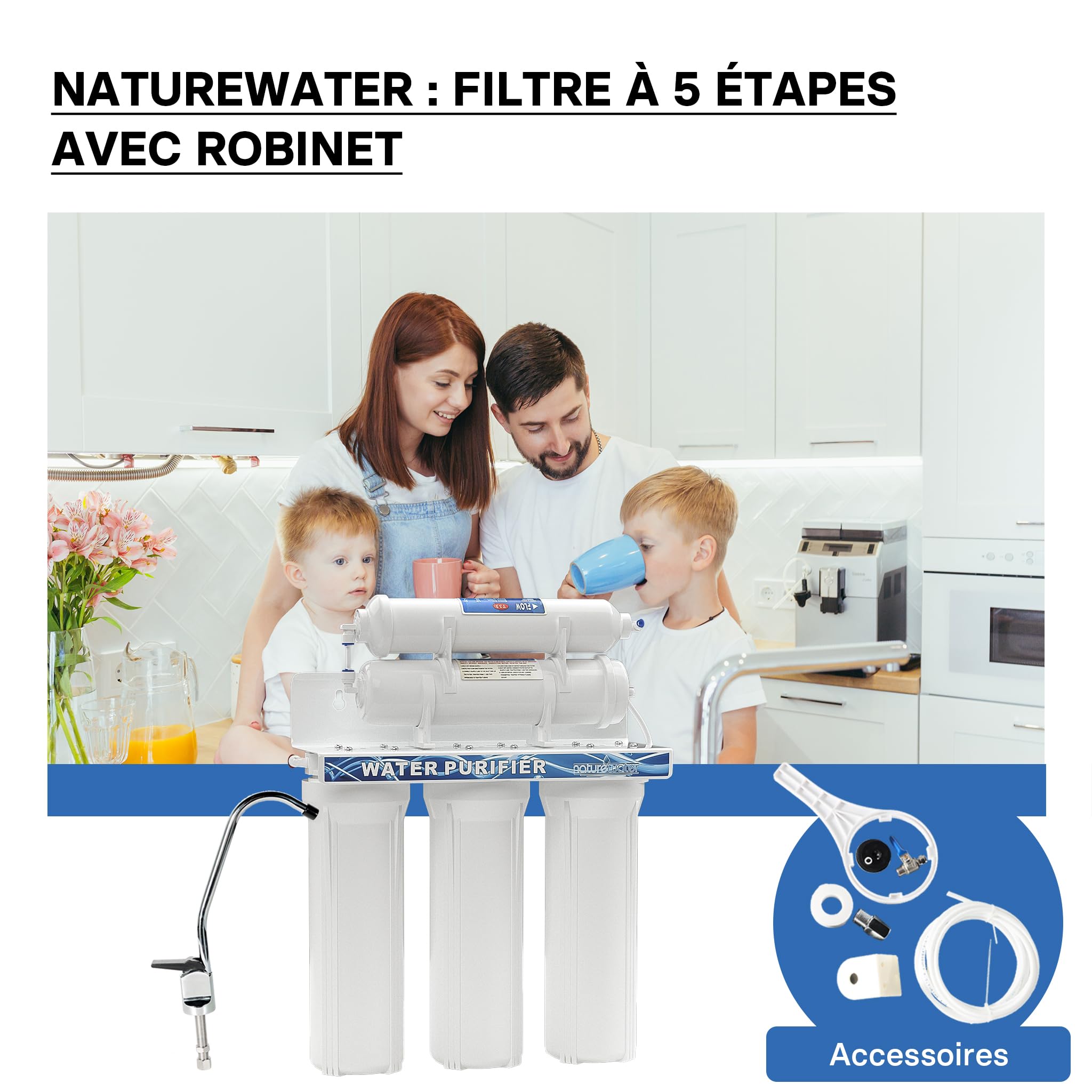 Naturewater NW-PR305 Filtre à eau potable – 410 x 135 x 450 mm – 5 Étapes – 360 L/h – avec Robinet, Vanne 3 voies, Cartouche PP Sédiments, Charbon actif – Filtration Purification Bactéries Pesticides