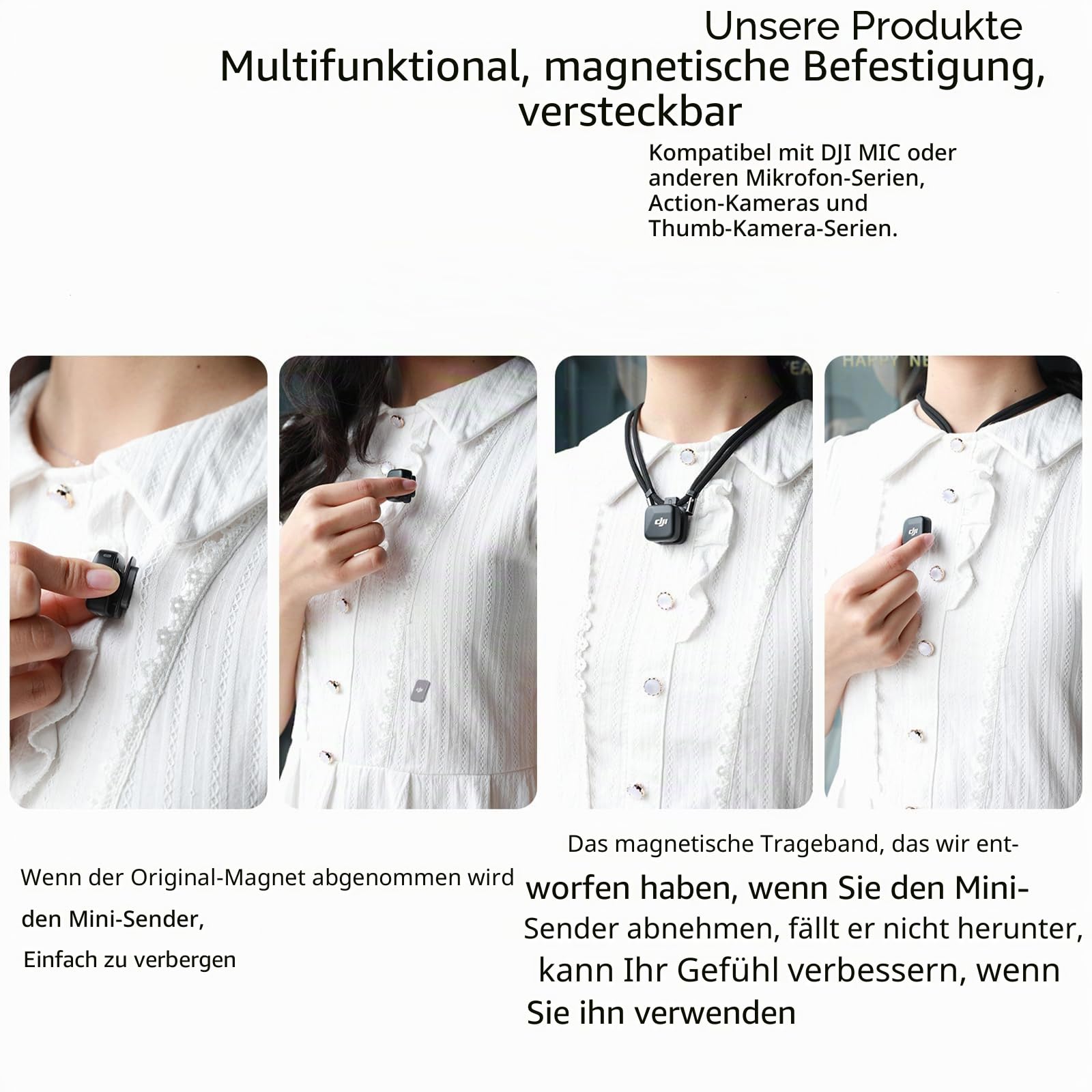 Für DJI Mic Mini Clip Magnet, Mic 3 Magnetisches Befestigungszubehör, Verstellbare Magnetschnur, versteckte magnetische Befestigung mit Saugnapf für Kleidung