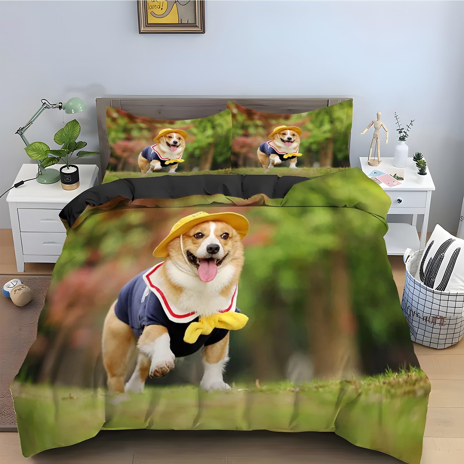 Housse de couette 200x200 chiot avec 2 taies d'oreiller lit 3 pièces microfibre