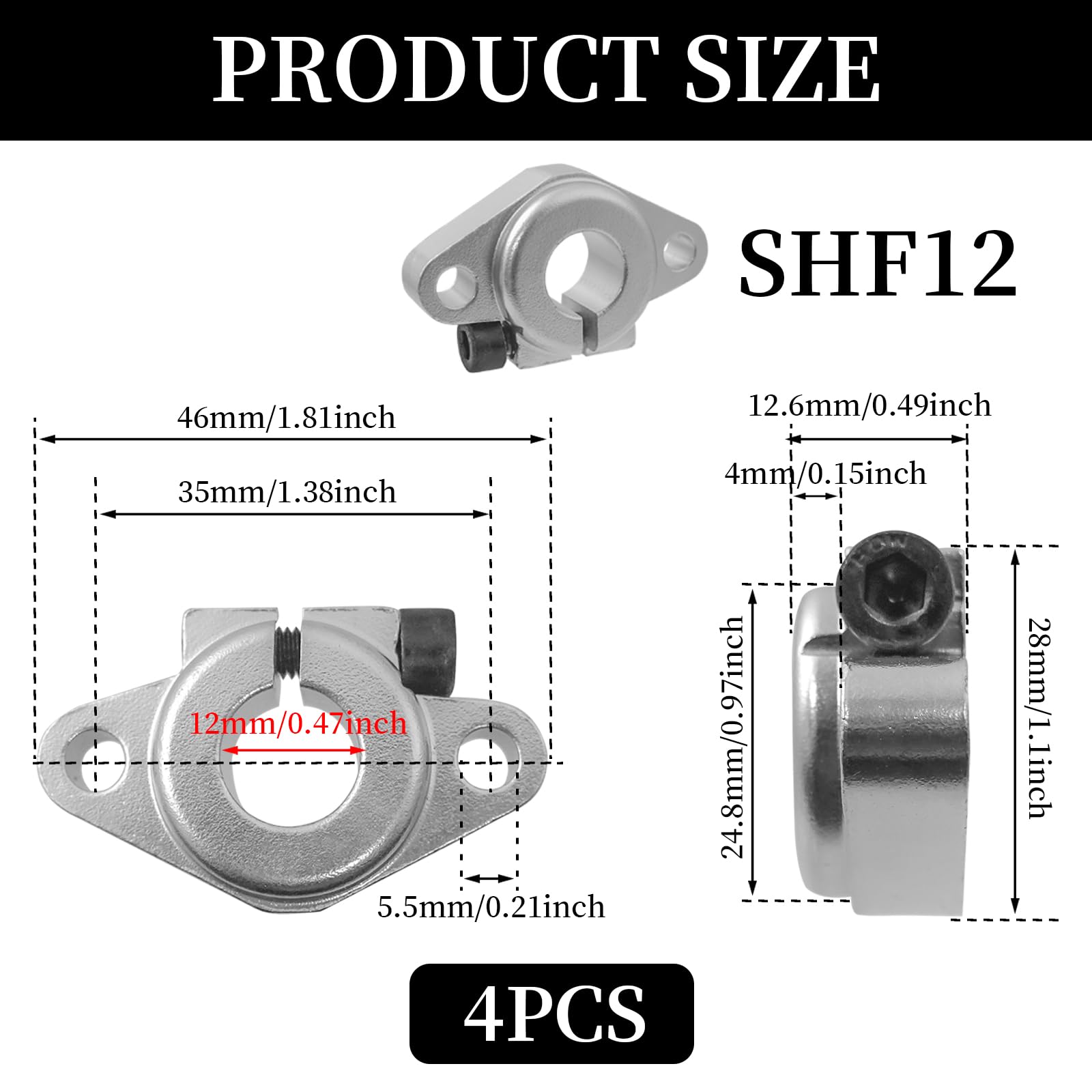 Soporte de Eje de Riel Lineal SHF12 Aluminio para Impresora 3D CNC