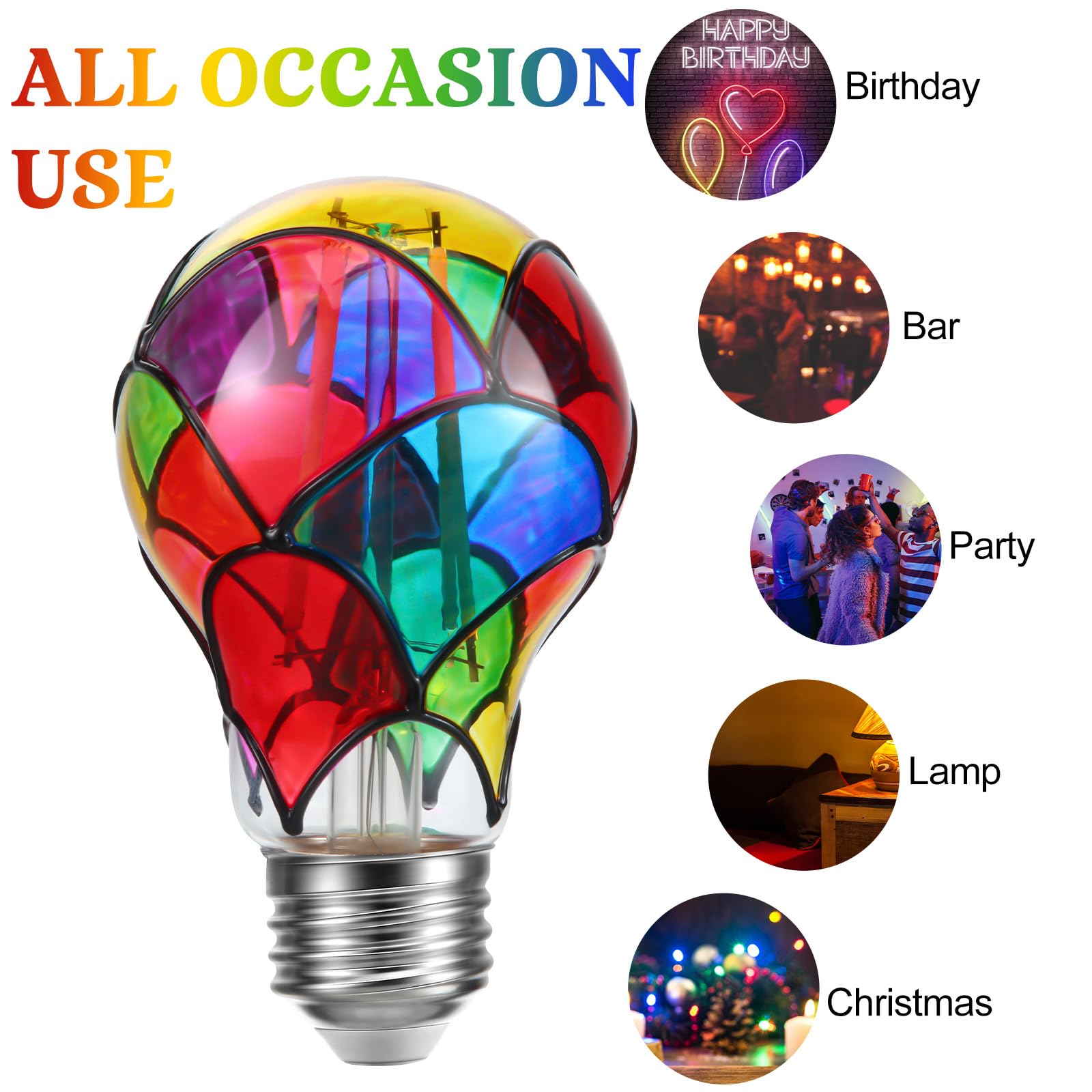 VIHOSE 4 Pcs Stained Glass Light Bulb E26 LED Multicolor Bulbs