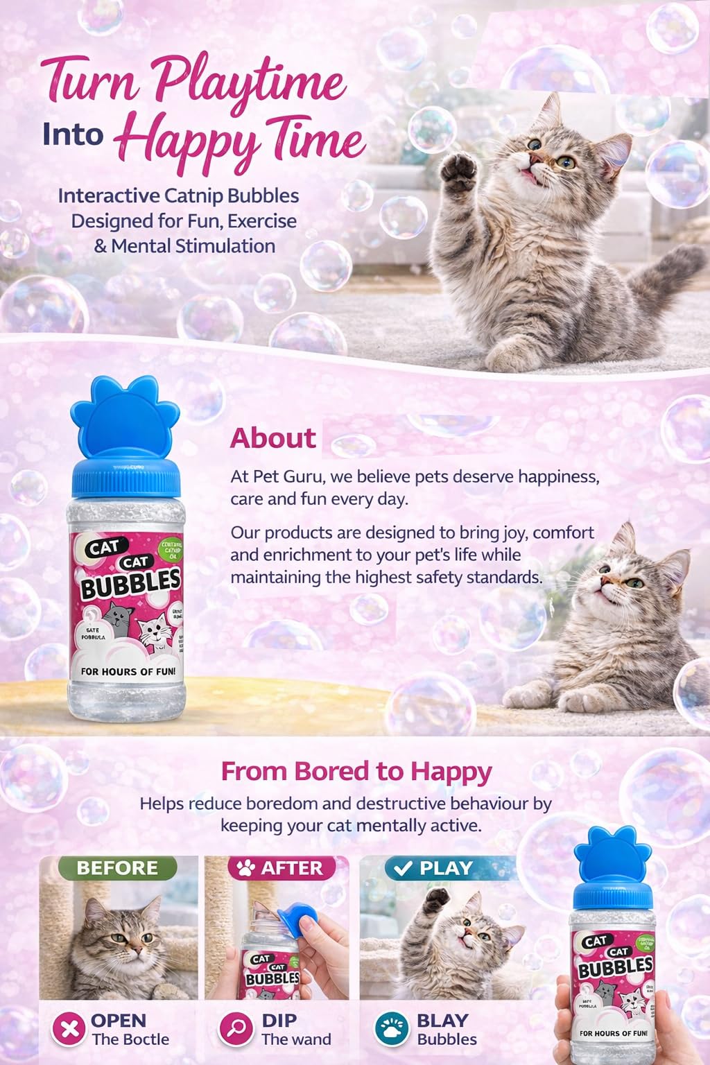 Pet Guru Bolle per gatti con olio di erba gatta, giocattolo sicuro e atossico per gatti, 120 ml, con bacchetta per bolle inclusa, tappo a forma di zampa (2)