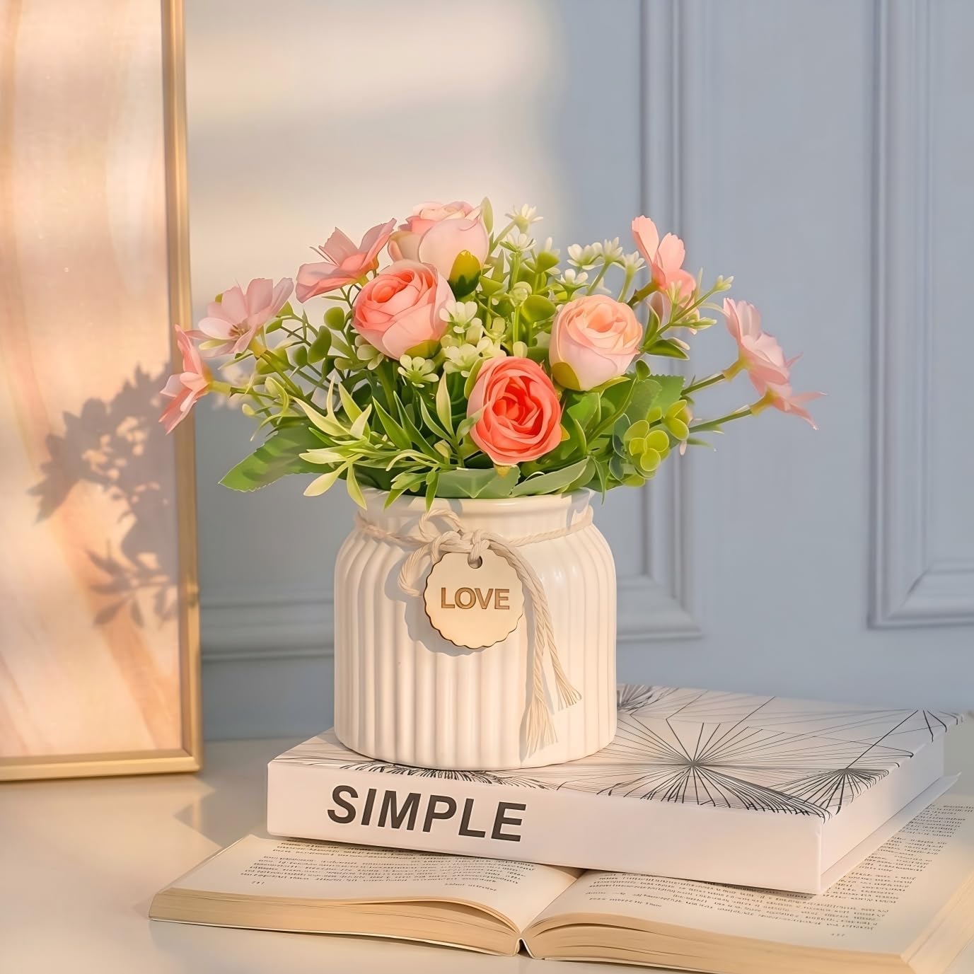 Shiningfuture Potted Rose Artificial Flowers, 6 Rose Heads & 6 Daisy Petals Artificial Flowers per Pot ，Real Touch & Lifelike for Home Indoor Outdoor Decoration