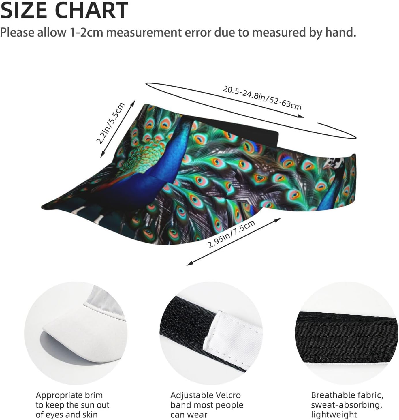 Beautiful Peacock Print Sports Sun Visor Hats,Adjustable Sun Caps for Men Women Adults Lightweight Black