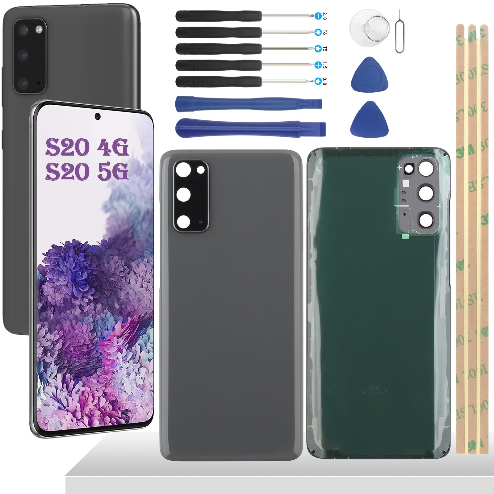 YHX-OU 6.2 Inch Grey Battery Cover for Samsung Galaxy S20 Galaxy S20 5G SM-G980 SM-G980F SM-G980F/DS Back Glass with Lens, Battery Back Cover Replacement + Installation Tool