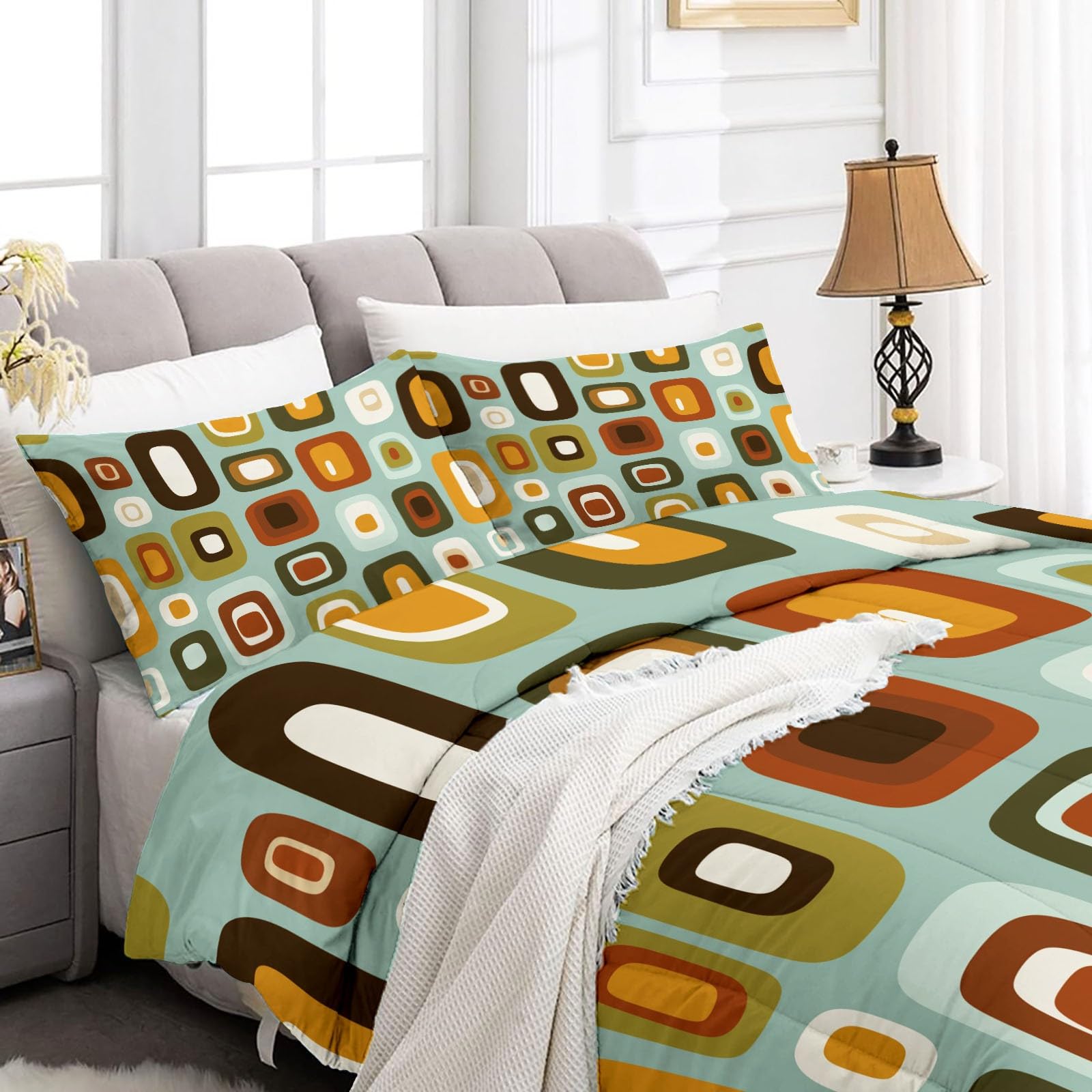 uego de Colcha Cama Bloques de Color geométricos Retro Colcha Estampada 200 x 200 cm Cubrecama Microfibra con 2 Fundas de Almohada, Manta de Verano Cama Superligera con Elegante Color Naranja