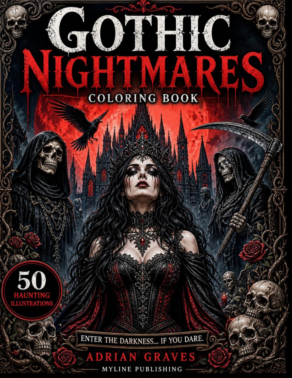 Gothic Nightmares Coloring Book: 50 Dark Gothic Pages of Creepy Creatures, Skull Queens & Haunted Scenes | Scary Halloween Coloring Book for Stress Relief