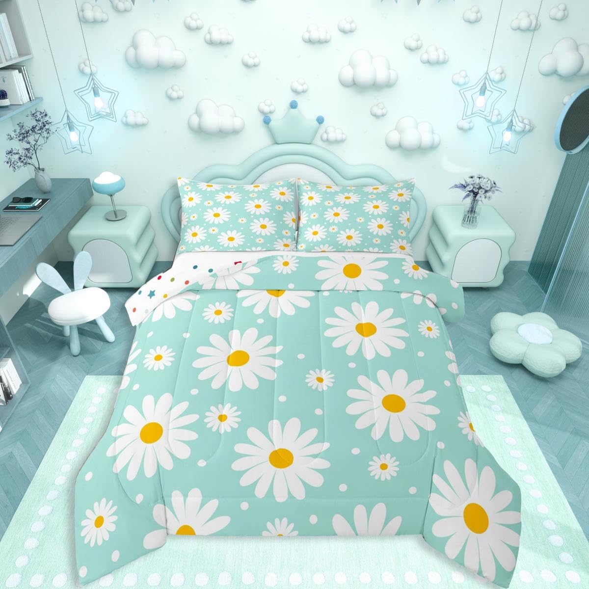 Erosebridal Beige Floral Comforter Cute Daisy Cream Bedding Set Twin Size for Kids Teen Women,Botanical Theme Rustic Flowers Comforter Set White Daisy Floral Quilt Room Decor