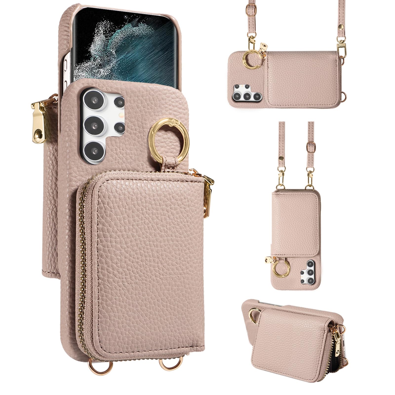 Furiet Wallet Case for Samsung Galaxy S22 Ultra 5G with Shoulder Strap Ring Buckle, Luxury PU Leather Zipper Flip Organ Purse, Card Holder Stand Phone