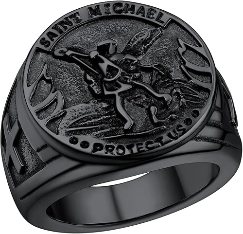 PROSTEEL Anillo de San Miguel, anillo de San Cristóbal, el gran arcángel protector derrotando a Satanás, anillo de amuleto de acero inoxidable para