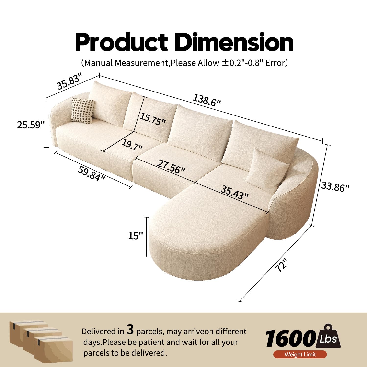 Condition photo showing Good Condition for settab 138.6" modular sectional couches luxury modern curved back sofa,minimalist comfy l-shape boneless cloud couch for living room apartment,(right facing chaise,white)