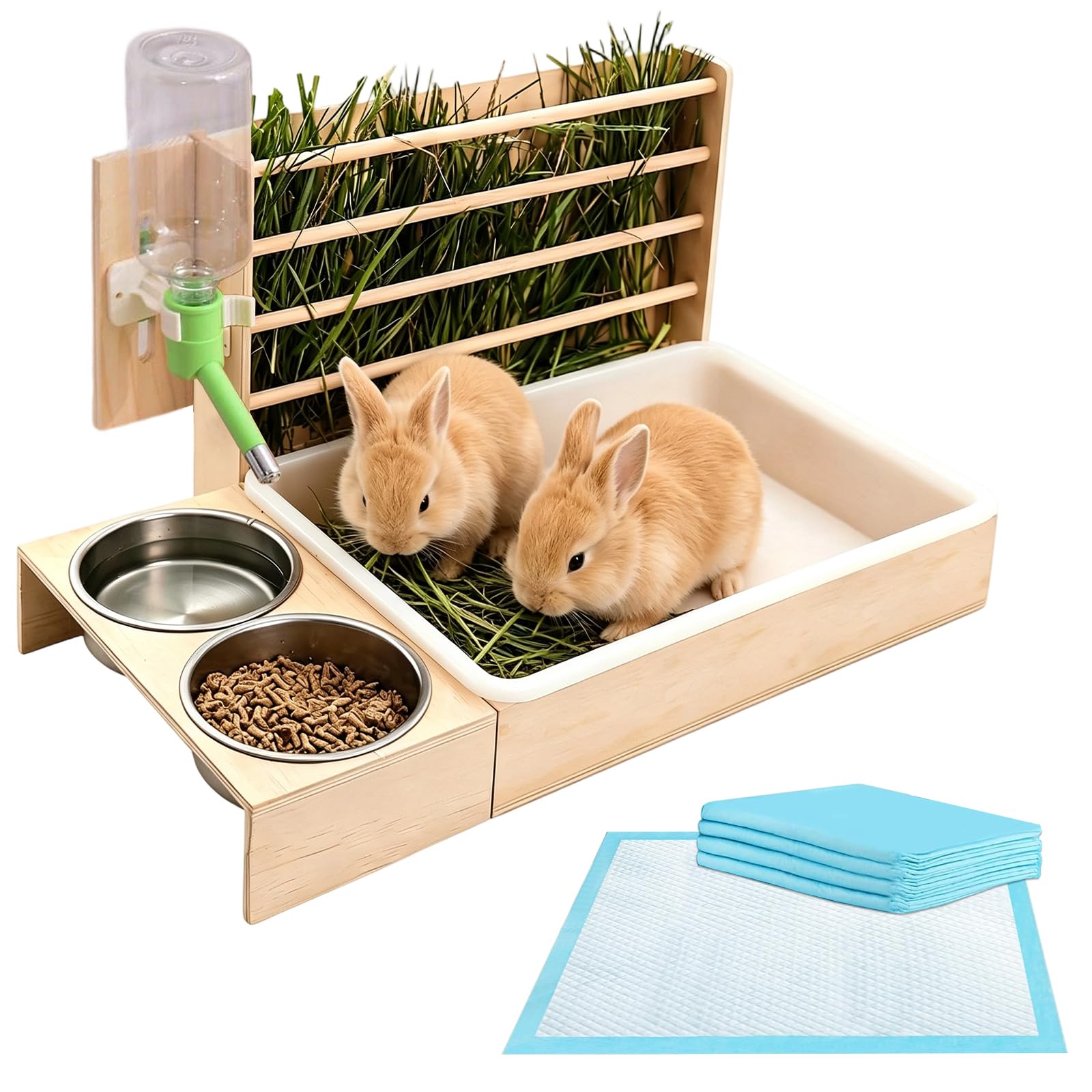 Kaninchen Heu Feeder mit 2 Näpfen, 4 in 1 Heuraufe Kaninchen | mit Hasentoilette, Holz Futterspender mit Trinkflasche für Kaninchen, Meerschweinchen, Hamster, Chinchilla, Hasen Zubehör