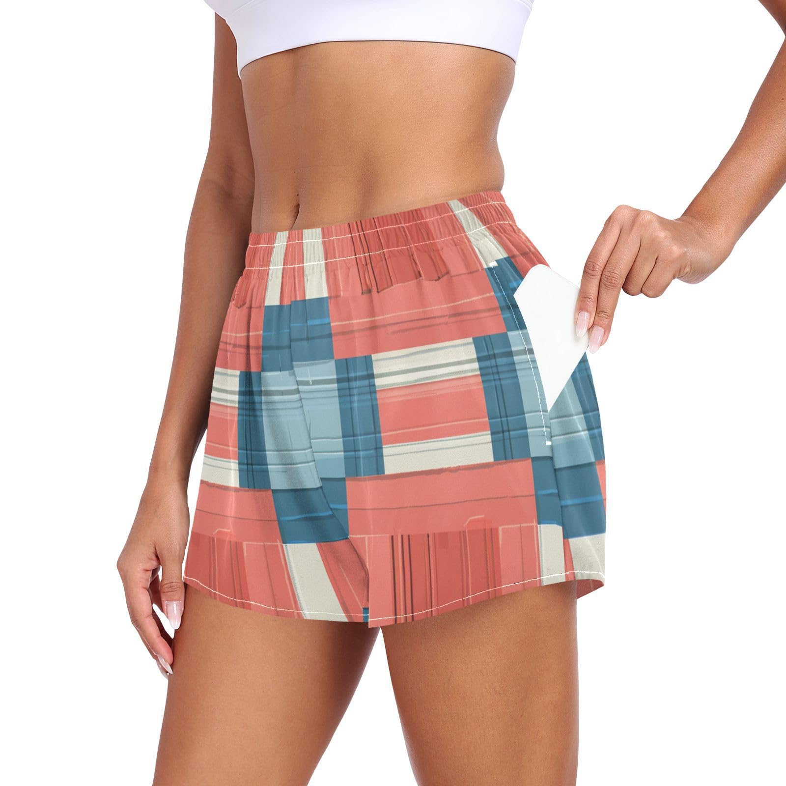 Light Red and Blue Checkered Pattern Women Athletic Shorts Ouick Dry Lady Summer Outfit for Golf Swim Bike Yoga Jog Athletic Dresses for Women with Separate Shorts L