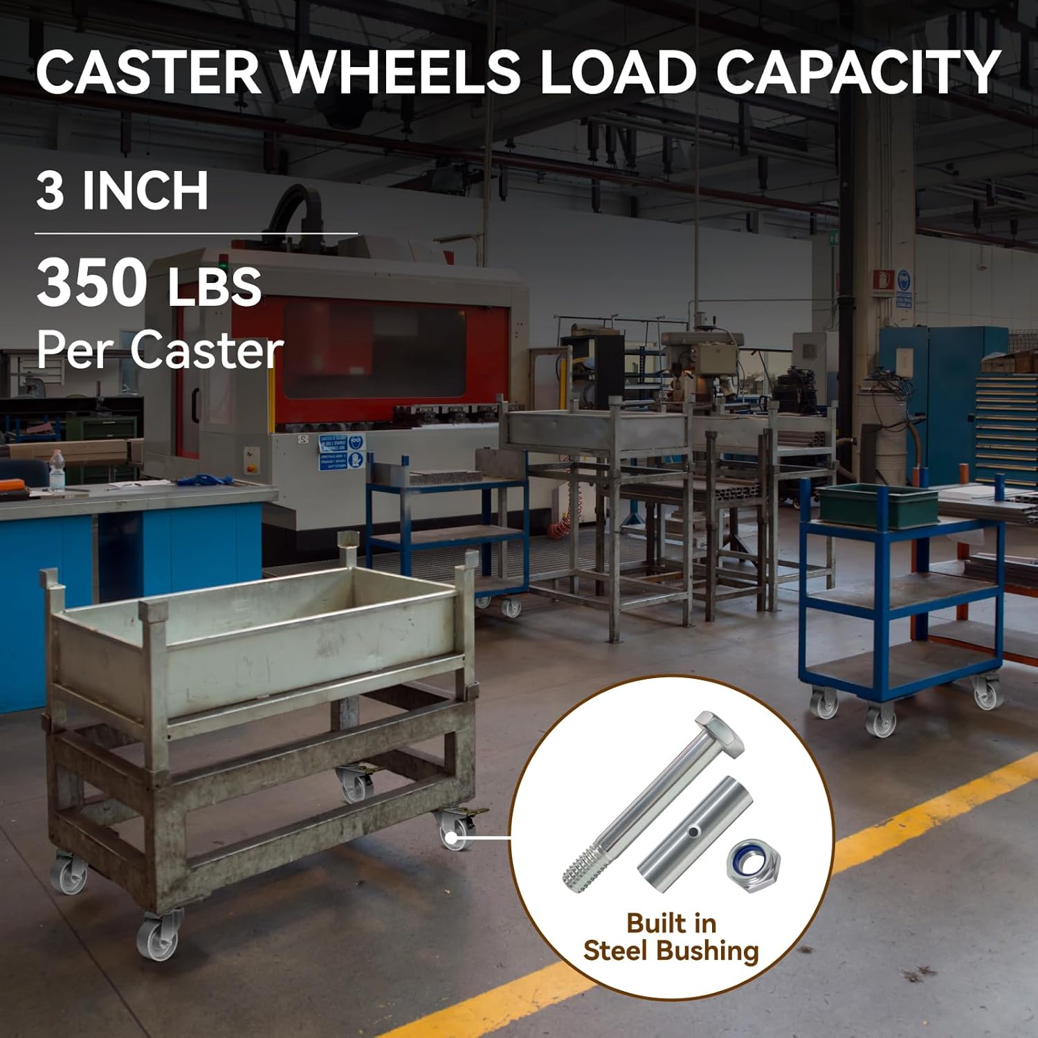 3'' Casters, Semi Steel Cast Iron Caster Wheels Heavy Duty Industrial Metal Casters, Each Rigid Caster Wheels Load 350lbs (2 Rigid)