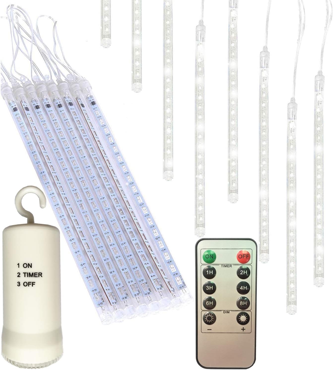 Outdoor Meteor Lights with Remote,6 Timer Modes,Dimmable,11.8 in 8 Tubes 144 LED,3 x AA Batteries Operated Snowfall Icicle Decor Lights for Christmas Tree Camping Tent Summer House Pavilion -White