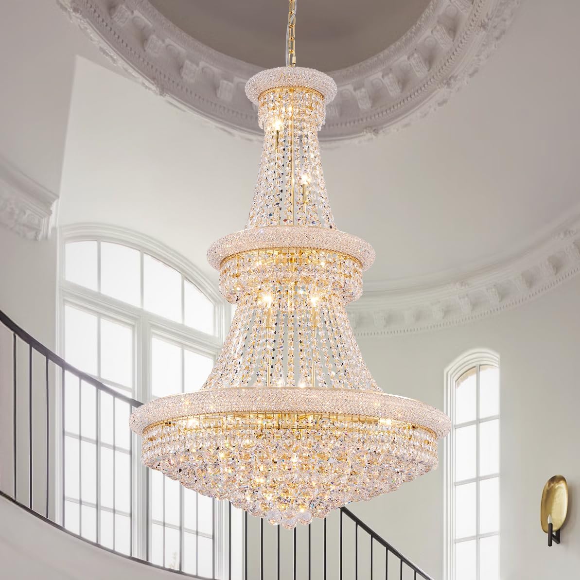 Large Gold Crystal Chandelier Light - Diameter 31.5", 3 Layers Ceiling Haning Chandeliers, Pendant Lighting for Living Room, Dining Room, Foyer