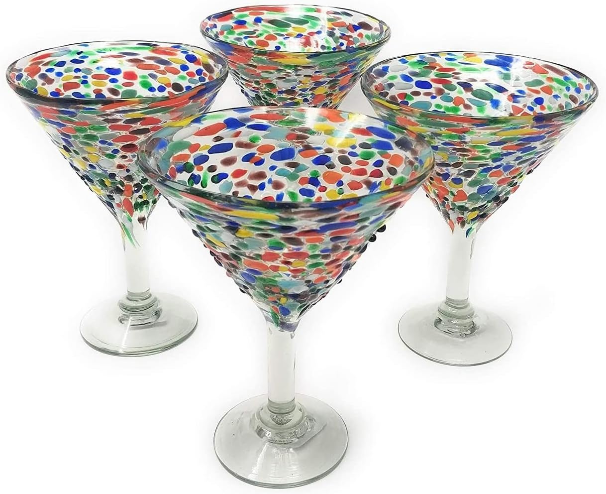Unknown1 Mexican Hand Blown Glass Set of 4 Modern Glasses Confetti Rock (12 Oz) Multi Color