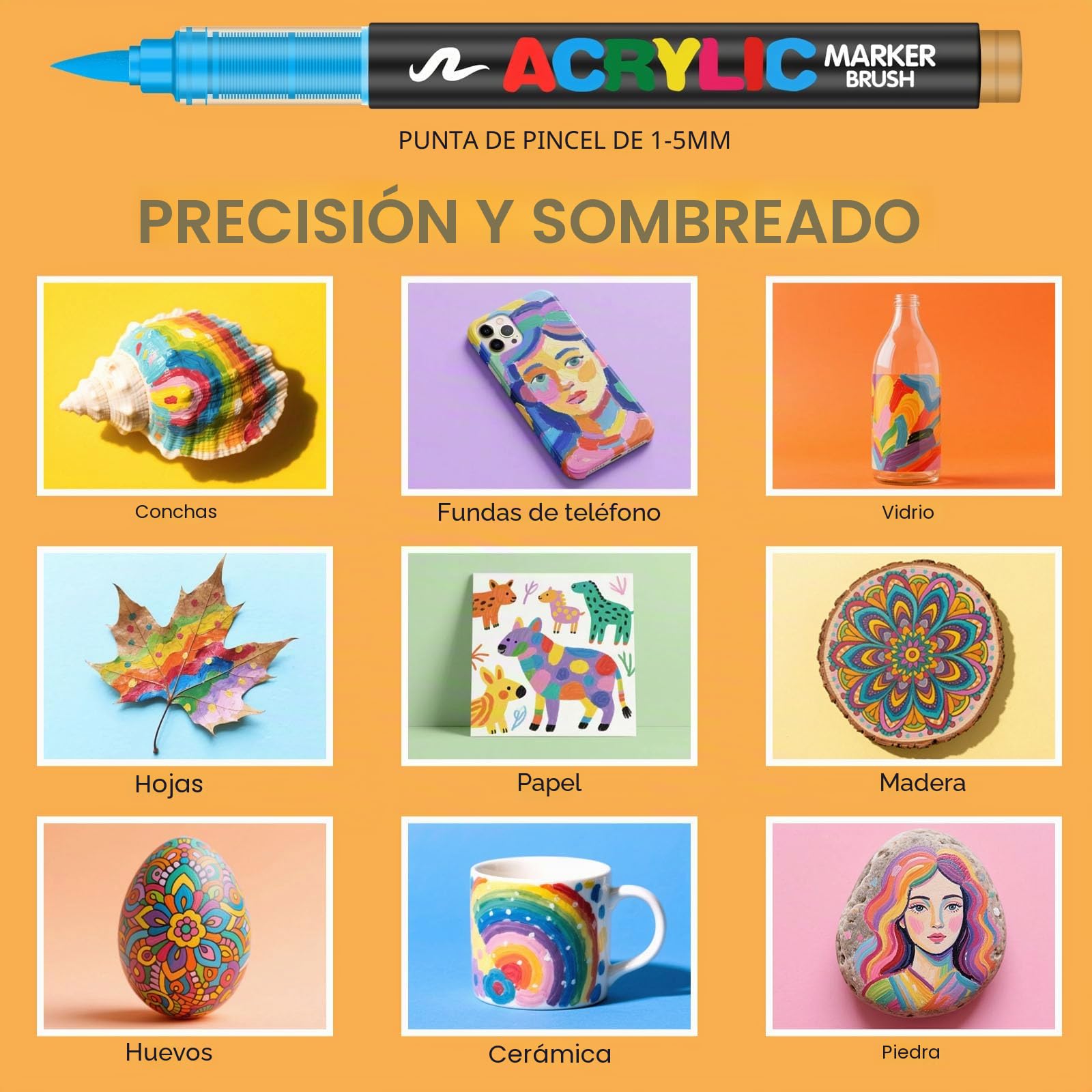Melifluo 288 Rotuladores Acrílicos Punta Pincel - Marcadores Permanentes para Piedras, Tela, Vidrio, Madera, Cerámica, Lienzo y Papel - Pintura Acrílica de Secado Rápido para Lettering y Manualidades
