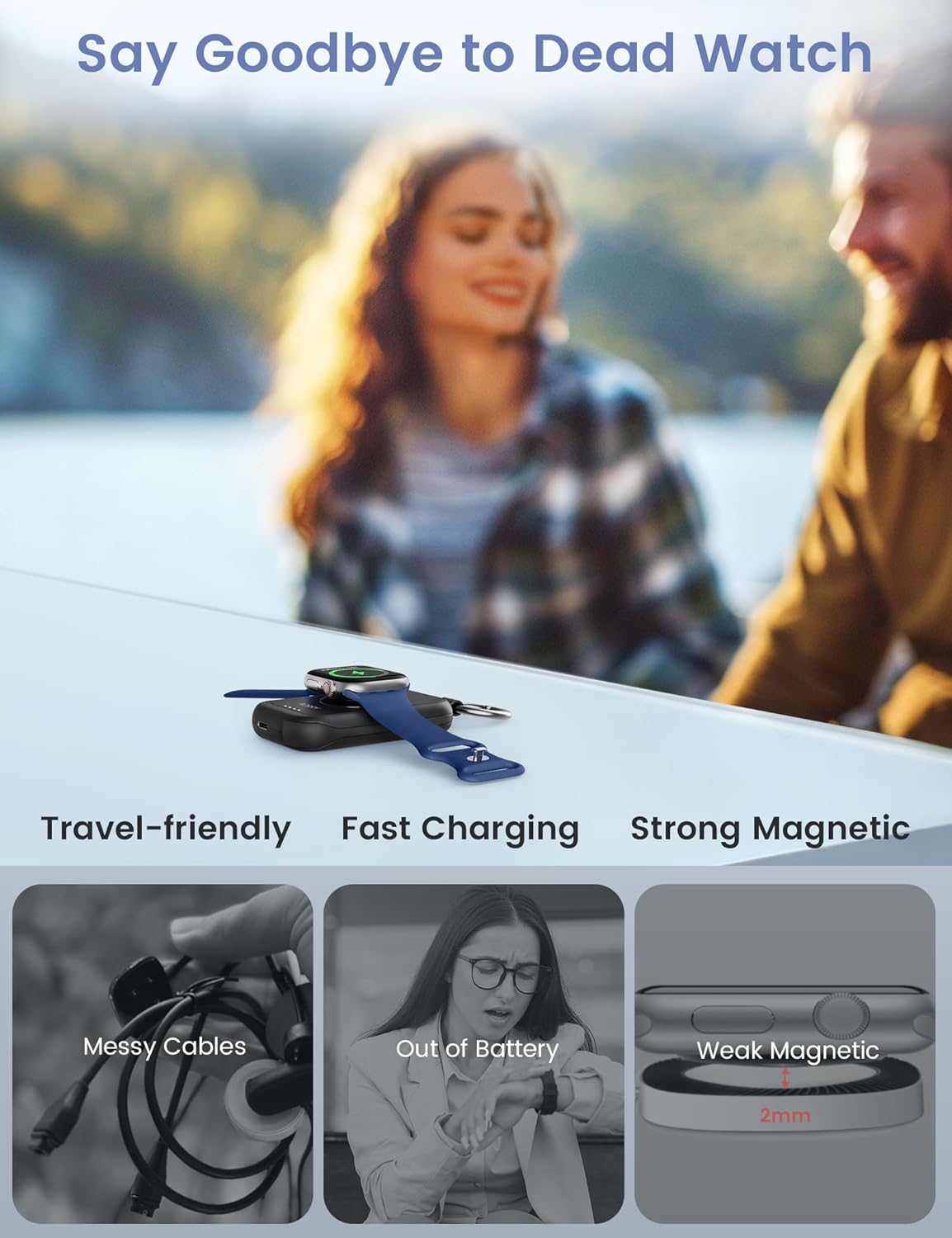 RORRY Portable Charger held in hand and attached to a backpack with a keychain