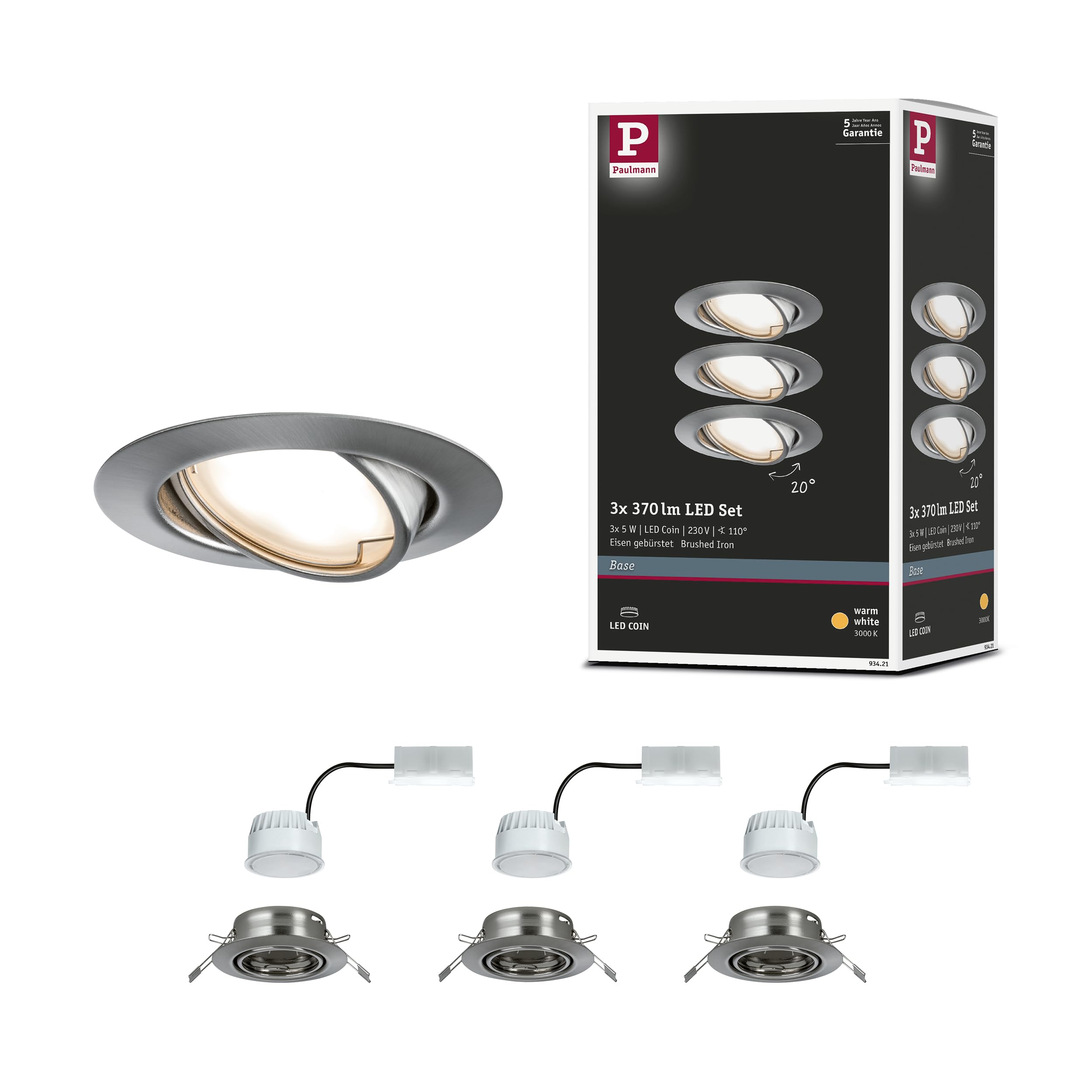 Paulmann 93421 Spot encastré LED Base rond incl. 3x5W projecteurs encastrés Acier brossé spot métal lampe encastrée 3000 K
