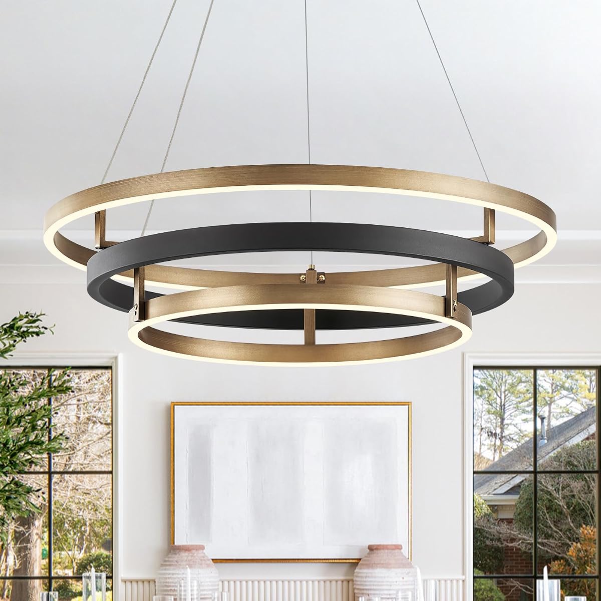 Modern Brass Chandelier for Living Room LED 3-Ring Dimmabel Chandelier Black & Gold Light Fixture Round Entry Foyer Chandeliers Lighting for Dining Room Bedroom Office 24in