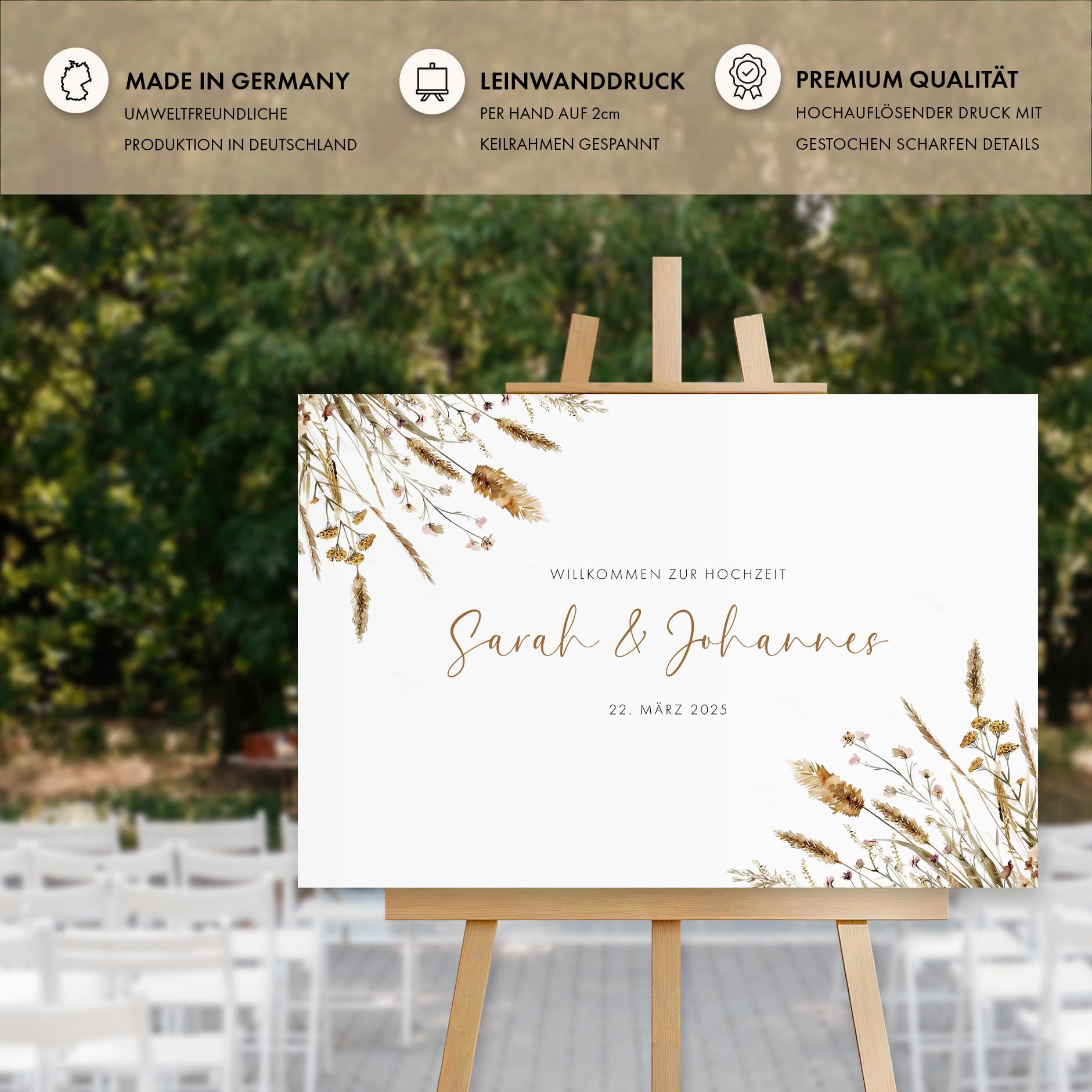 HEI Print Personalisiertes Willkommensschild Hochzeit mit Namen & Datum | Pampas Trockenblumen Boho Design | Welcome Sign Hochzeitsdeko | Schild auf Staffelei | Individuelles Brautpaar Geschenk