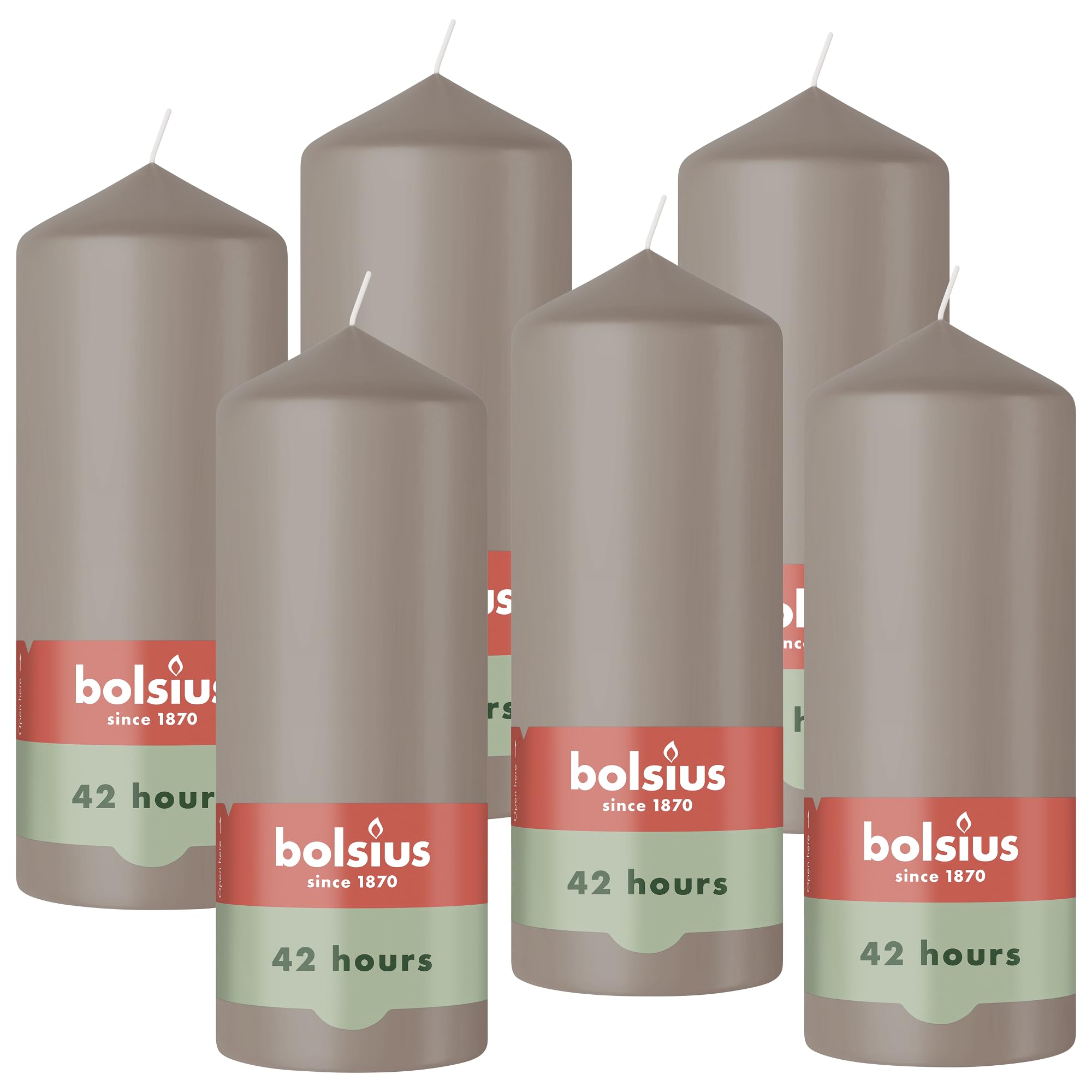 Bolsius - Pillar Candle - Taupe - 15cm - 6 Pieces - Burning time 42 Hours - Natural Vegetable Wax - Palm Oil Free.