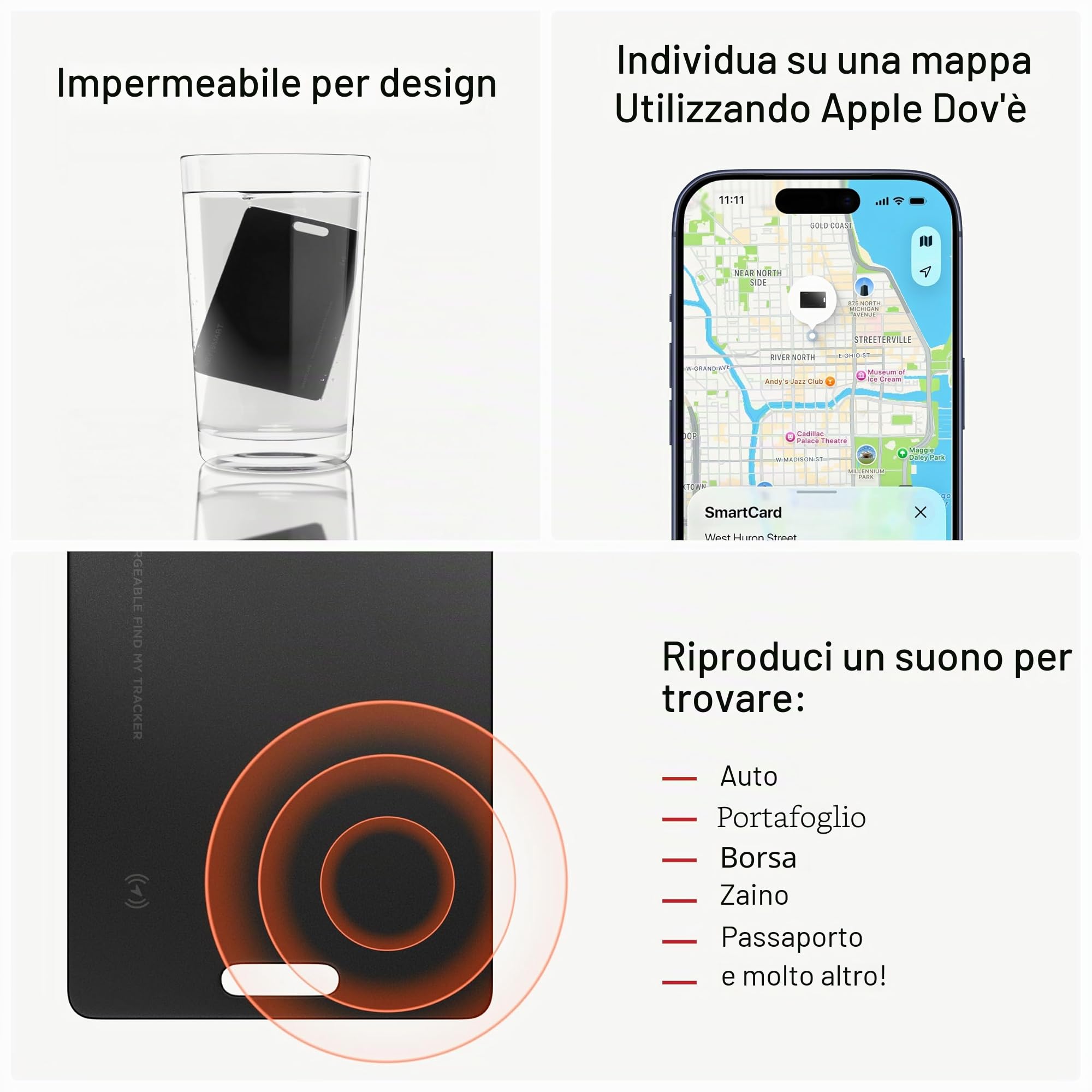 KEYSMART SmartCard Carta Tracker GPS Portafoglio, Ricaricabile e Riutilizzabile, Versatile Foro per Portachiavi, Compatibile Apple Dov’è, Localizzatore GPS per Valigia (Nero, Confezione da 3)