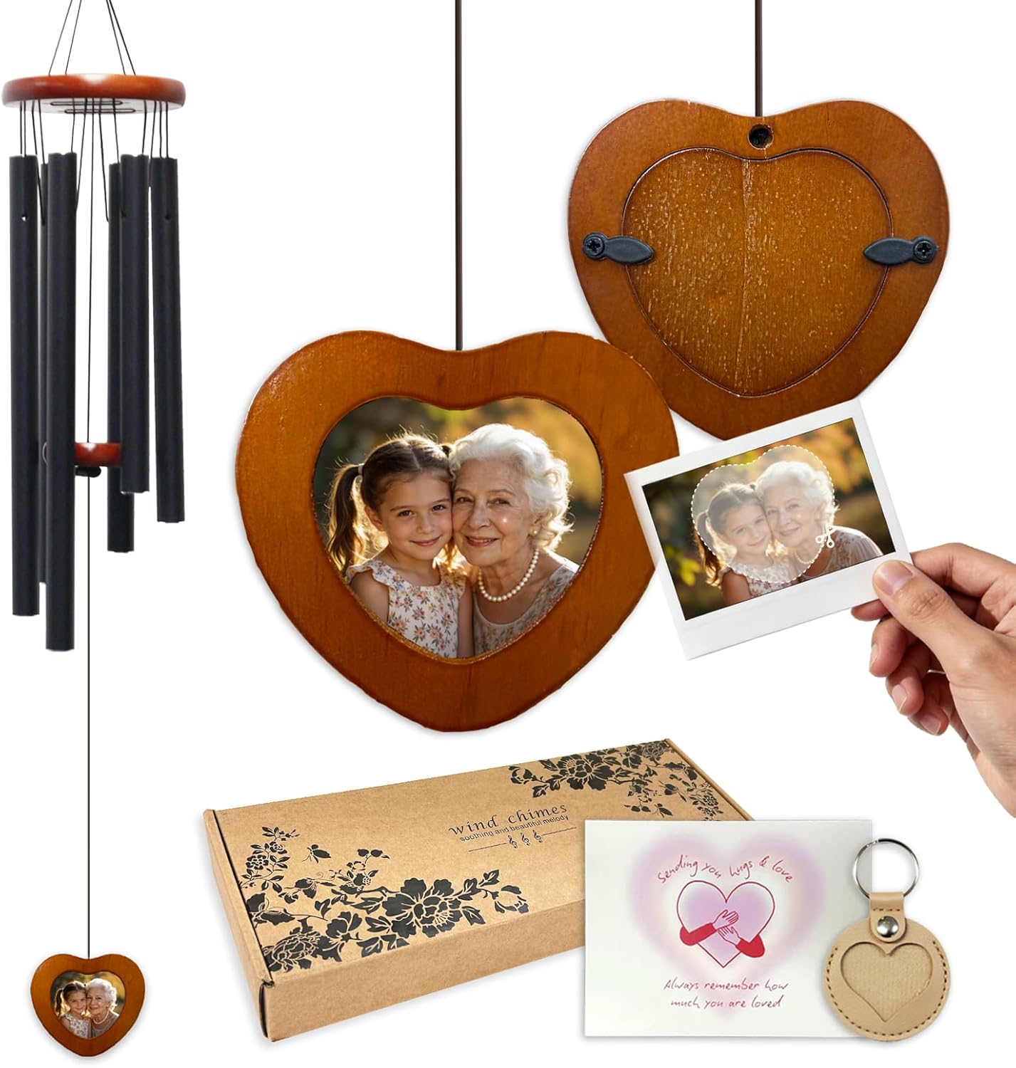 Memorial Wind Chimes with Wooden Photo Frame, 32 Inch Sympathy Windchime Outdoors for Loss of Loved One, Personalized Berevement/Memorial Gifts for Loss of Mother, Father, Husband, Friend, Pet