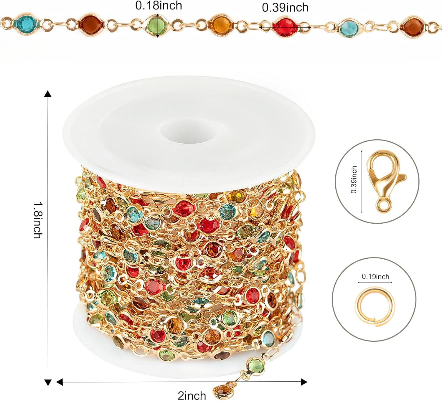 Kyutong 16.4 Feet/5M Gold Necklace Chains for Jewelry Making Colorful Rhinestone Beaded Chain Bulk Brass Chains Roll with Jump Rings Lobster Clasps for Jewelry Craft Making - Image 2