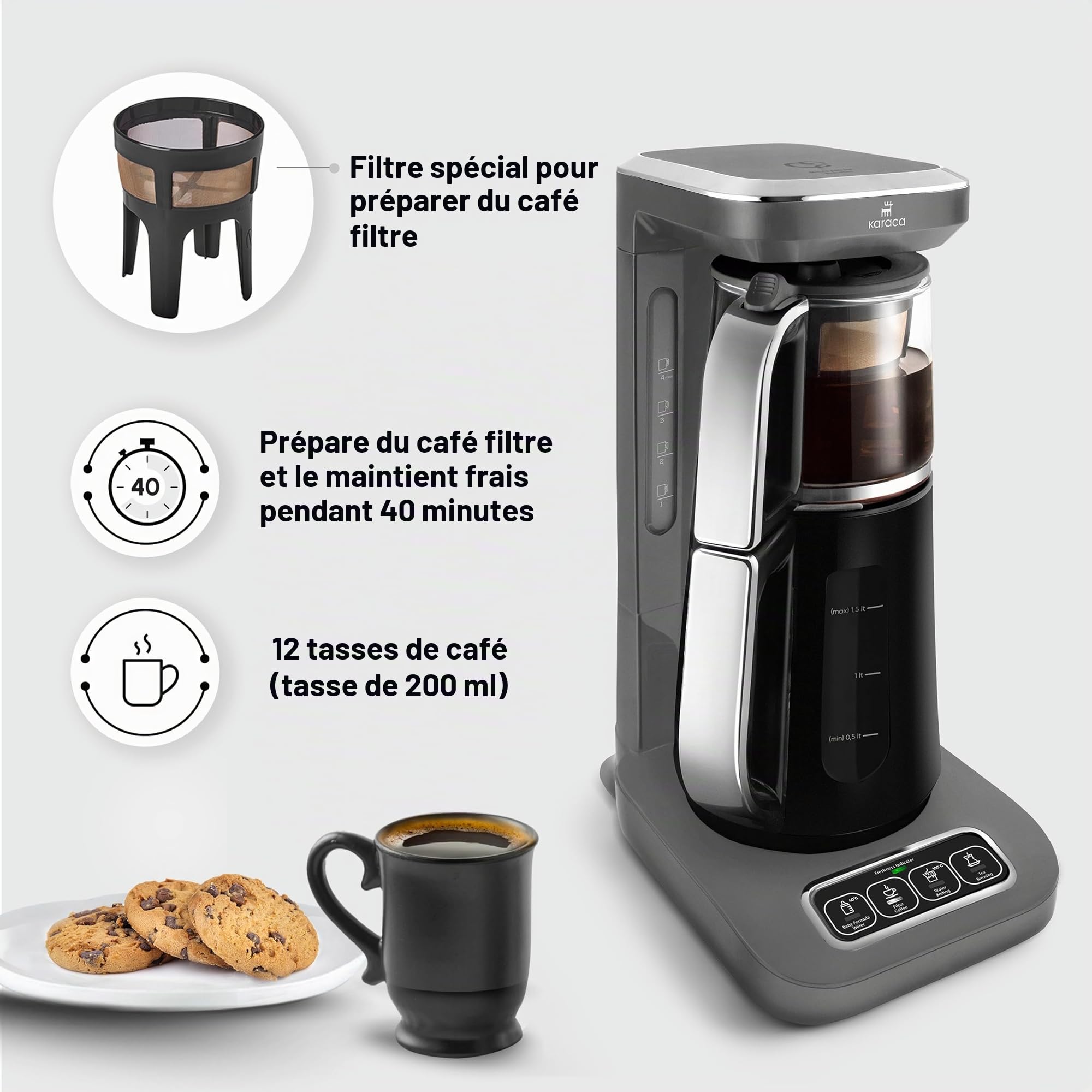 Karaca Caysever Robotea Pro 4-en-1 Theiere Electrique Automatique, Machine à Café Filtré, Bouilloire à Thé, Theiere avec Infuseur, 2500W, Gris Espace